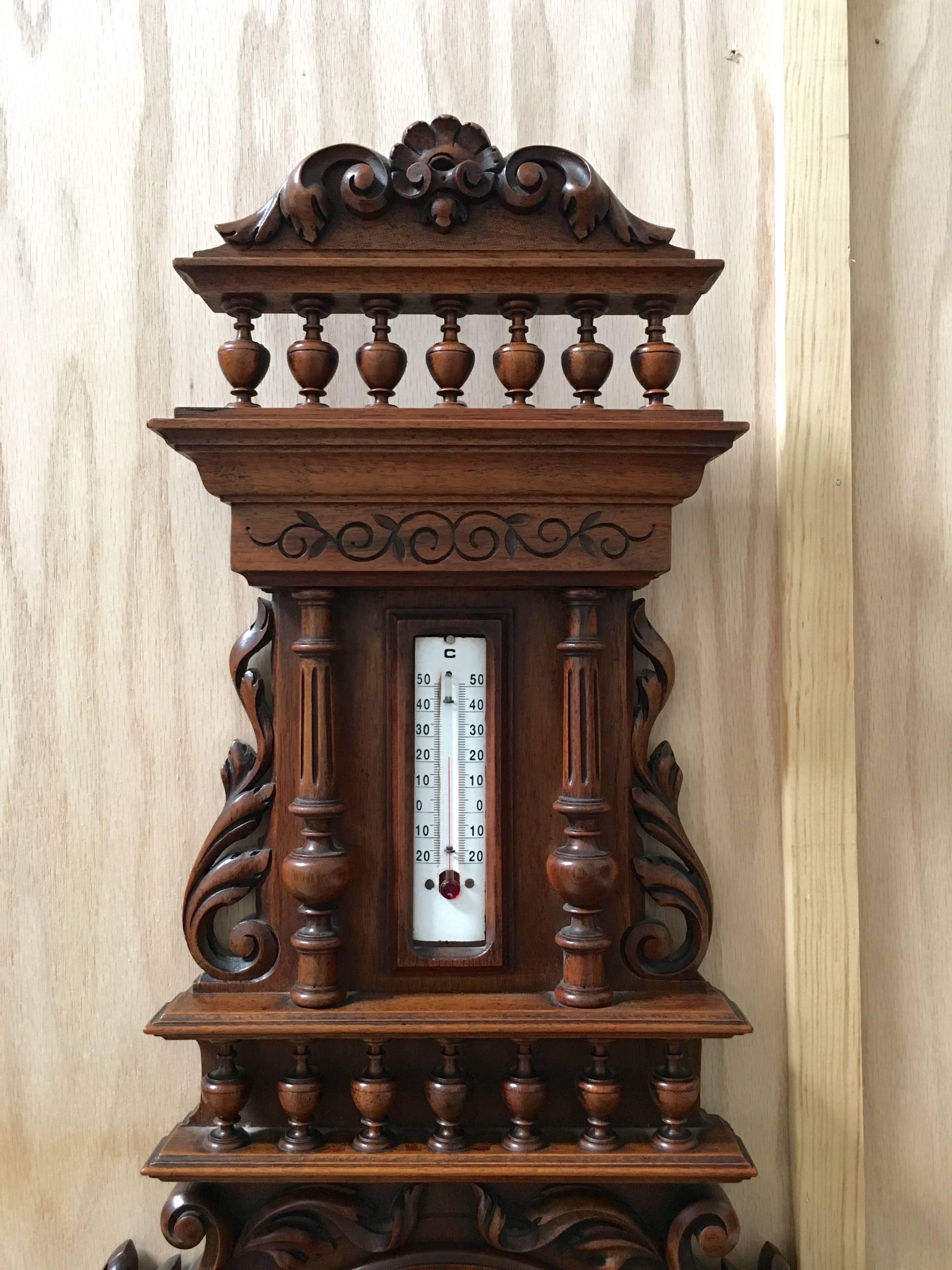 19th Century Carved Walnut Barometer & Thermometer in Centigrade   MOVING SALE!! 2