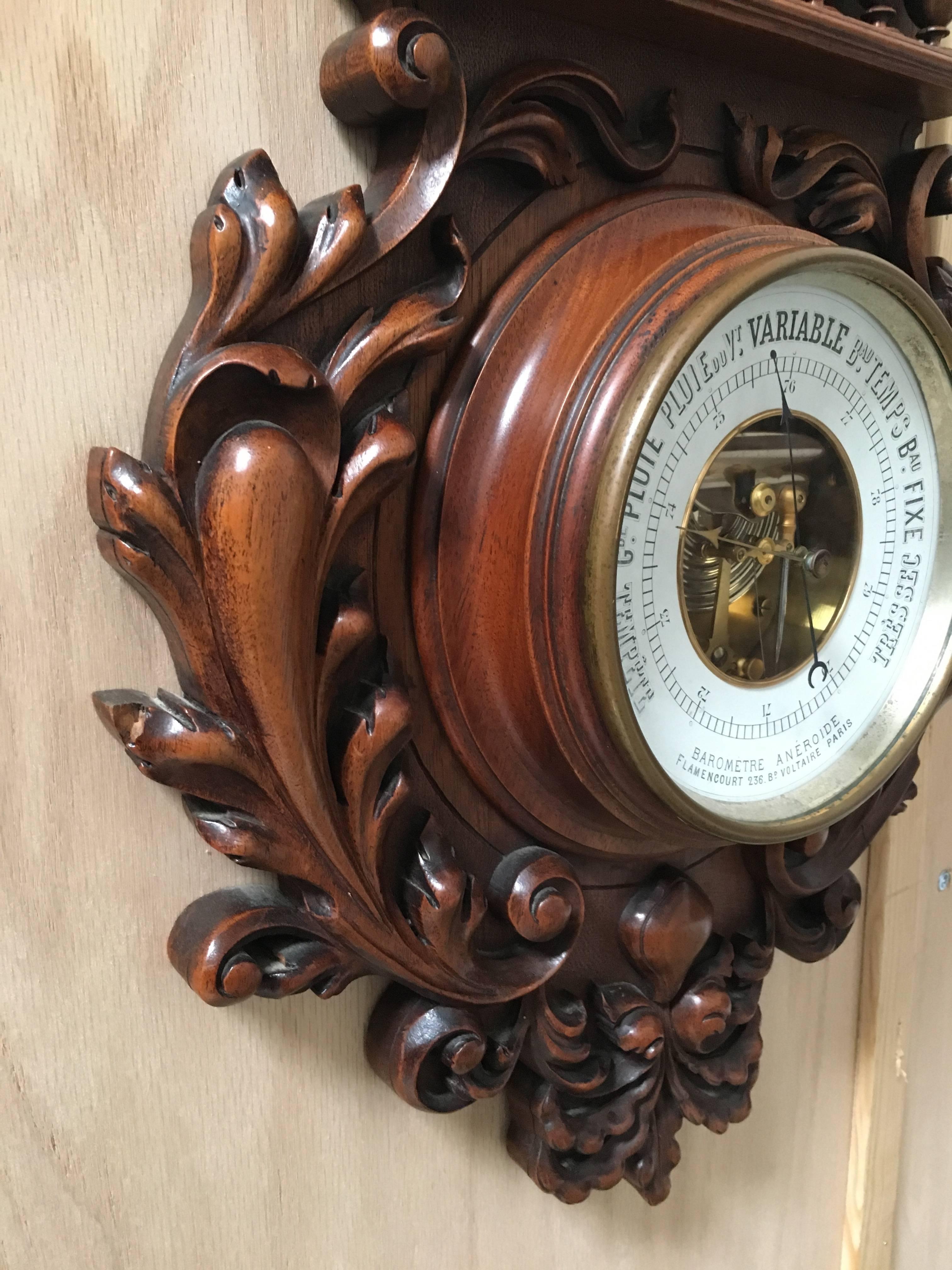 19th Century Carved Walnut Barometer & Thermometer in Centigrade   MOVING SALE!! 3