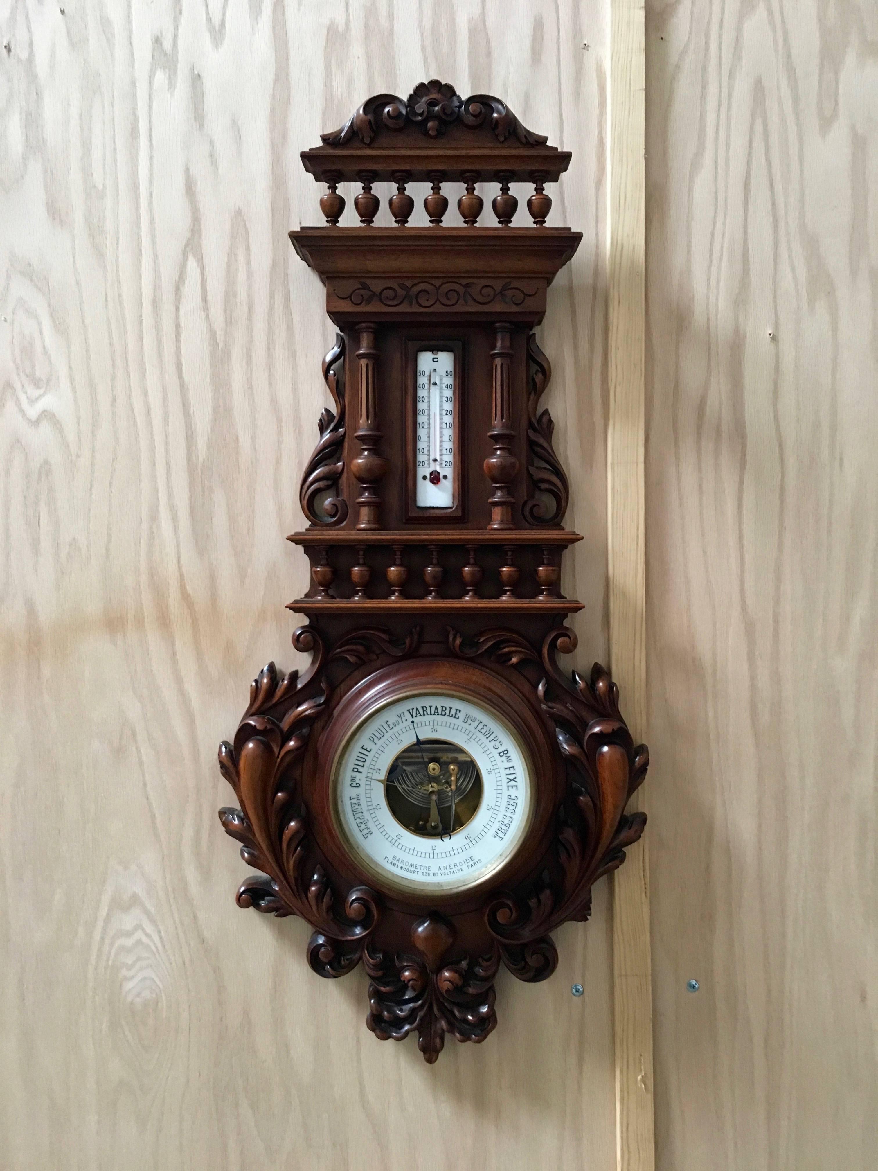 19th Century Carved Walnut Barometer & Thermometer in Centigrade   MOVING SALE!! 4