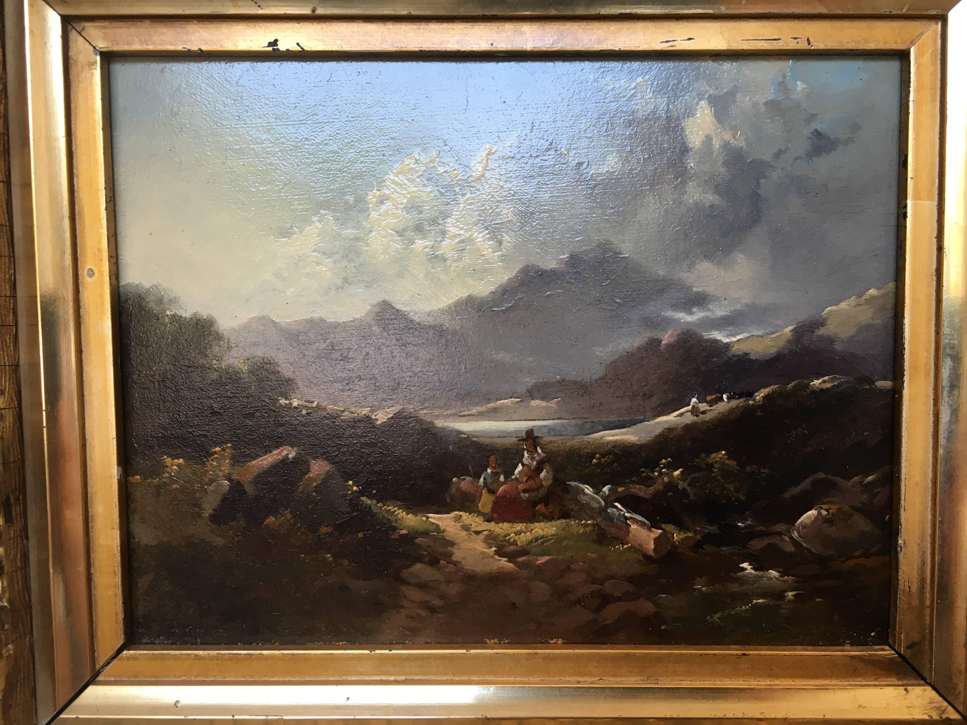Peinture à l'huile sur panneau de montagne du 19ème siècle avec cadre doré en vente 3