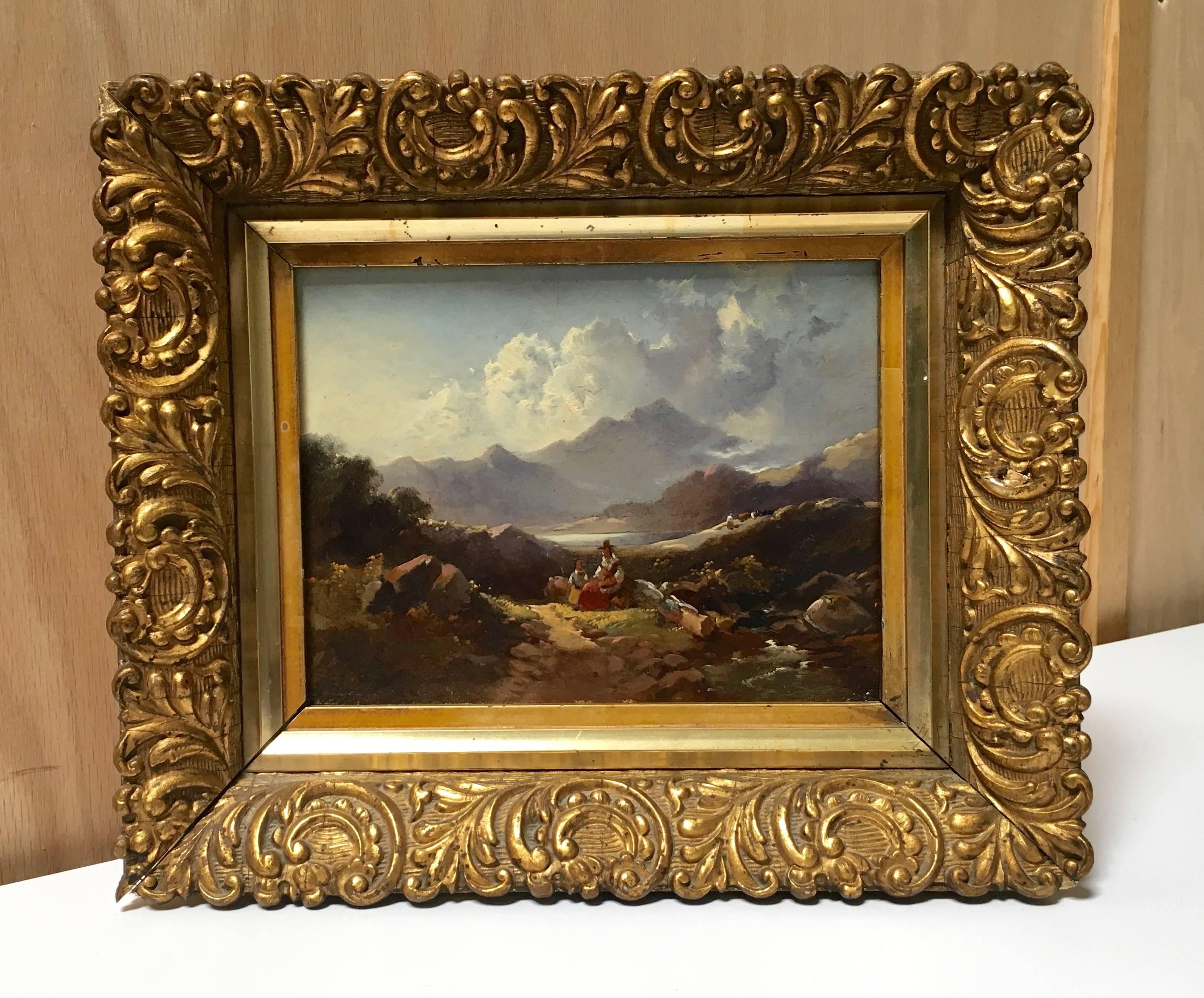 Unknown 19th Century Oil on Board Mountain Painting with Gilt Frame For Sale