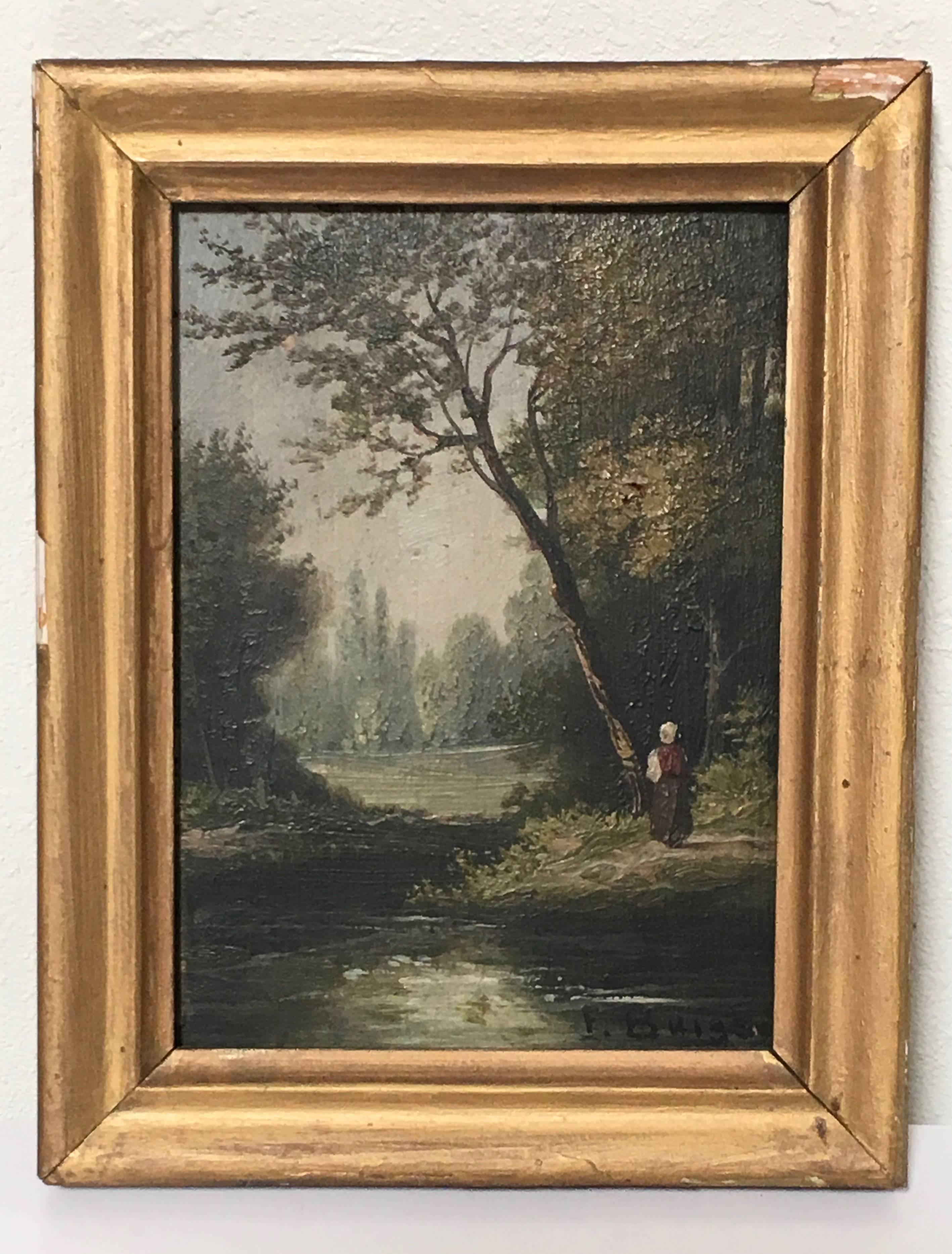 Antique 19th century, French landscape paintings oil on board.