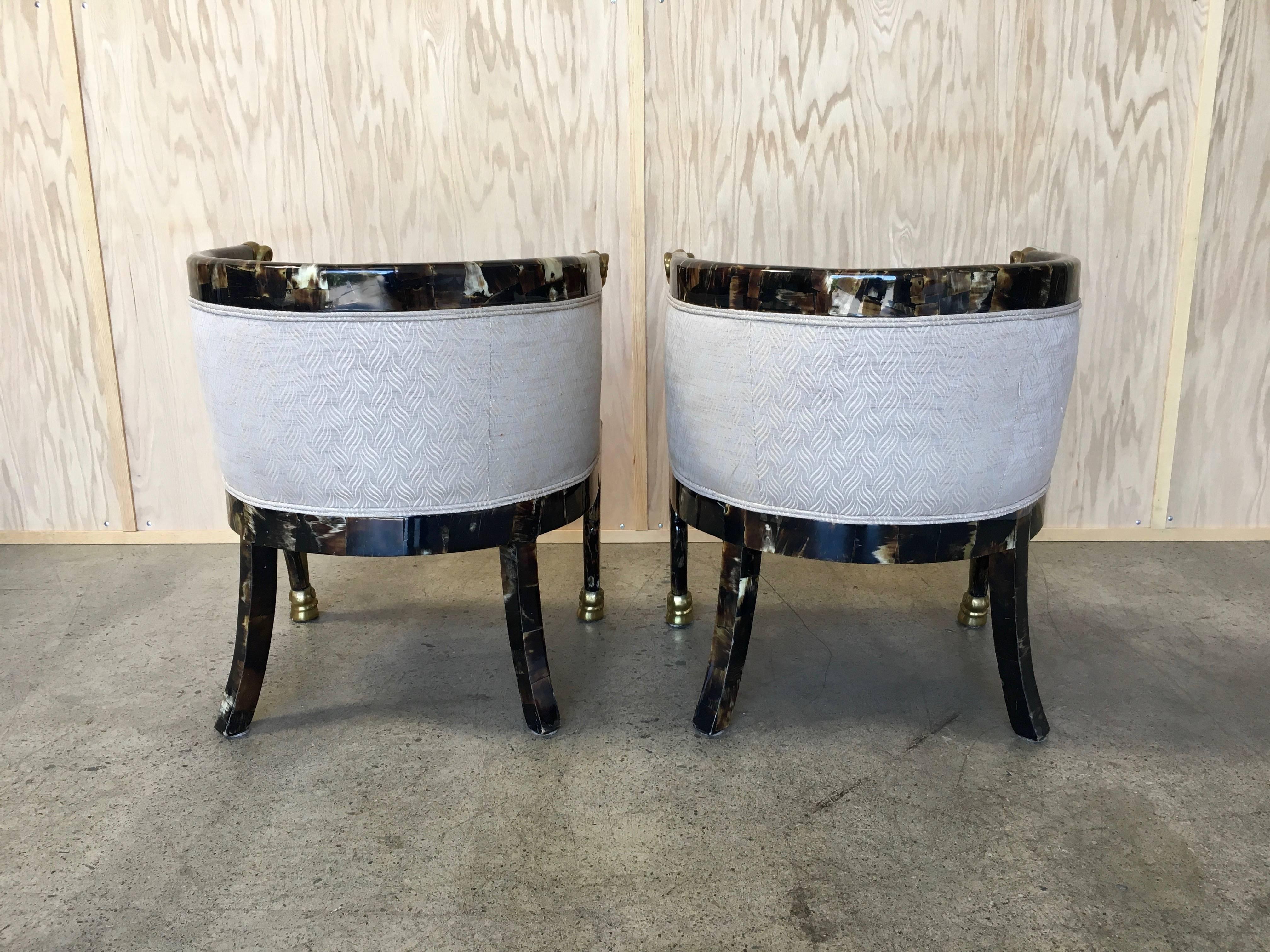 Veneer Pair of Steer Horn Covered Barrel Chairs with Brass Ram Heads