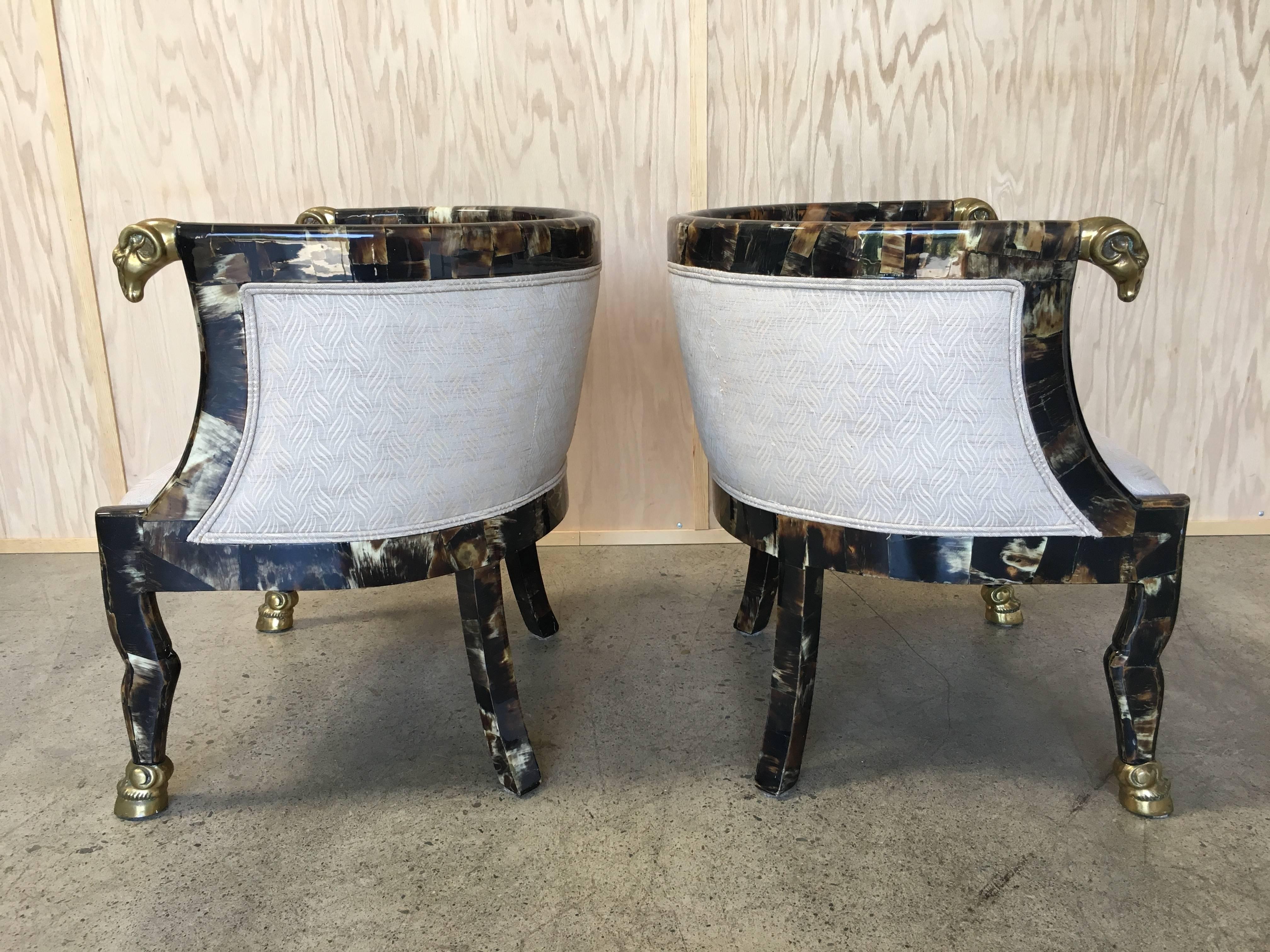 Pair of Steer Horn Covered Barrel Chairs with Brass Ram Heads 1