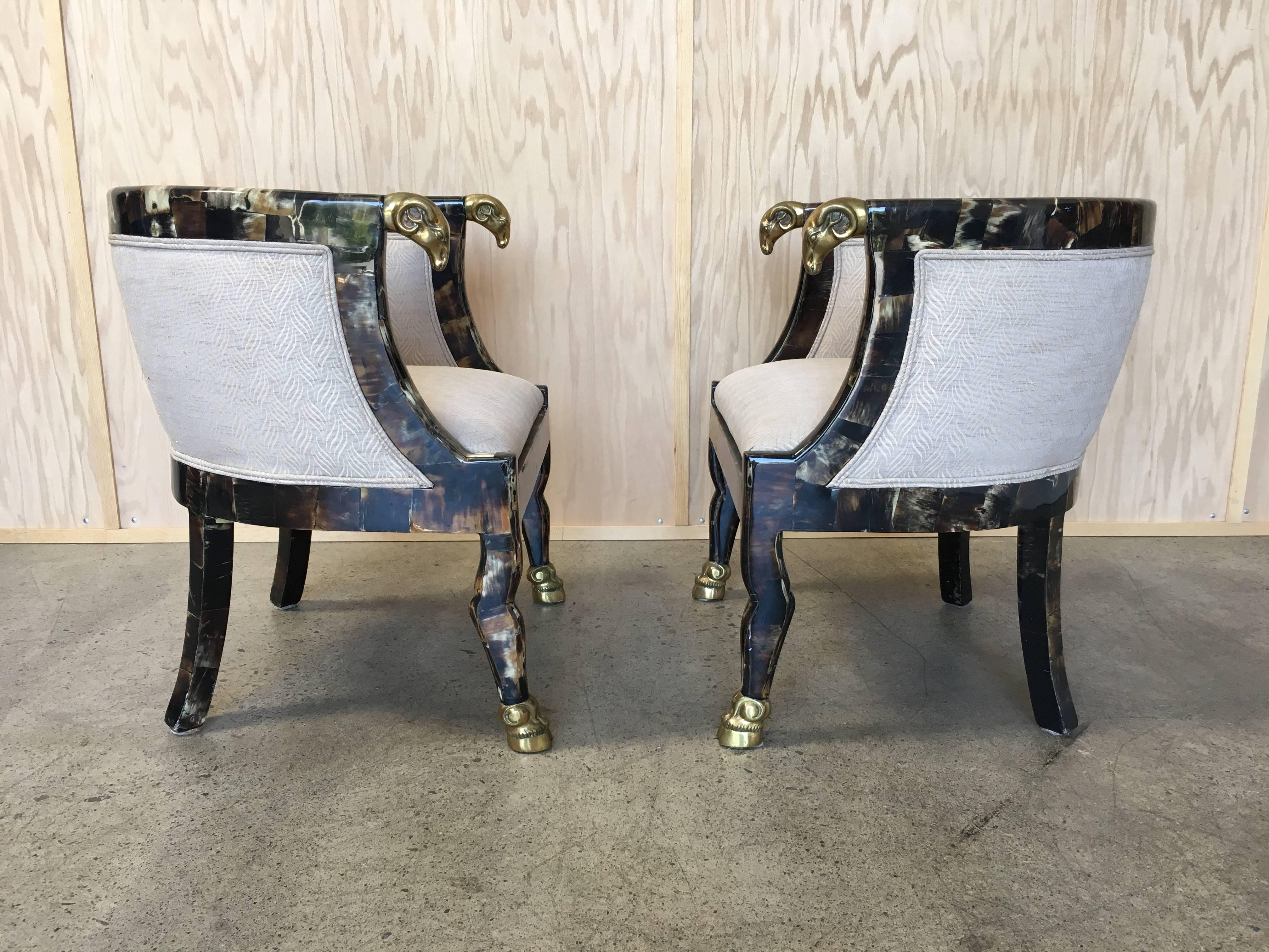 Pair of Steer Horn Covered Barrel Chairs with Brass Ram Heads 2
