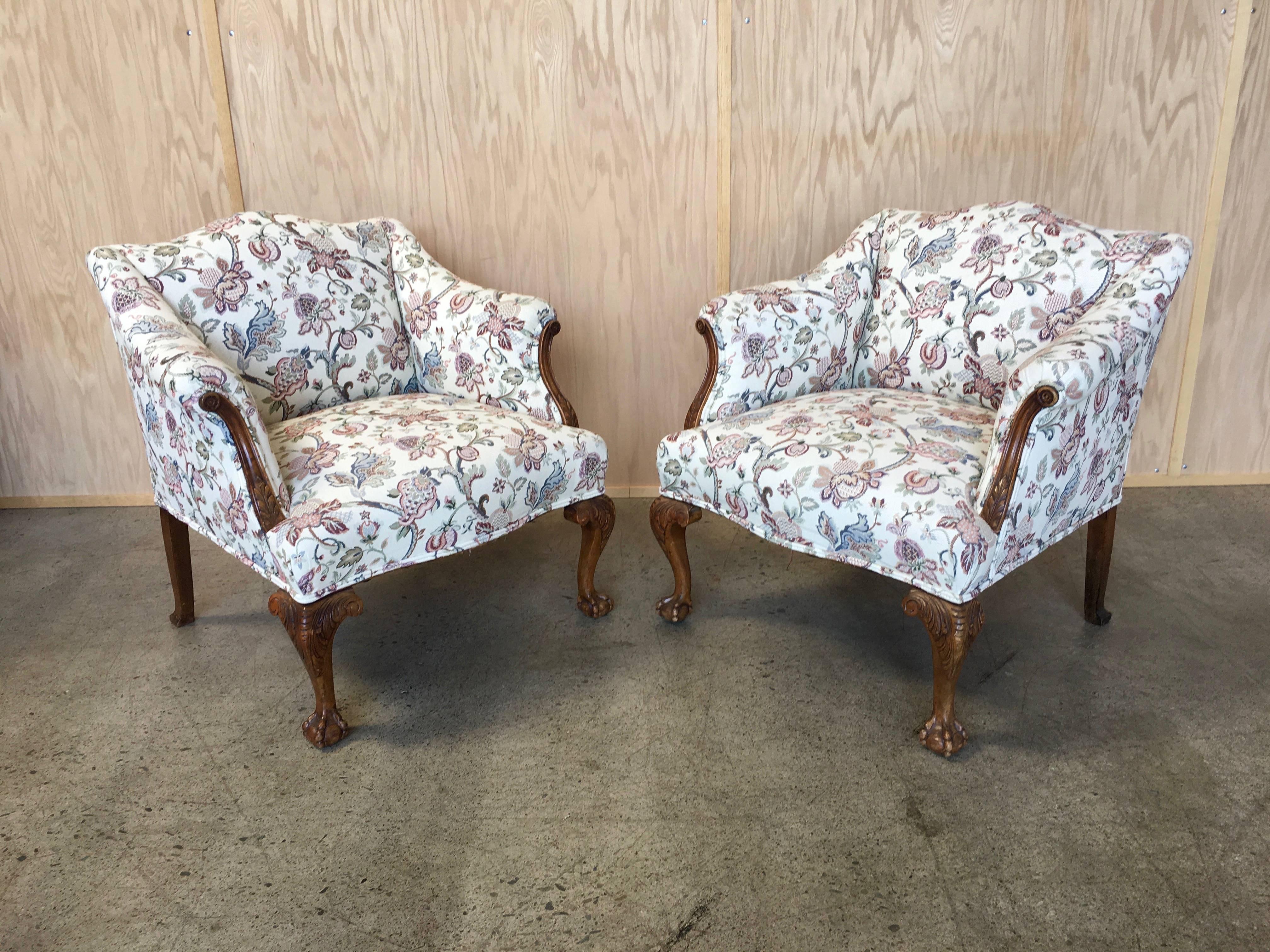Pair of antique  Chippendale style armchairs, hand-carved.