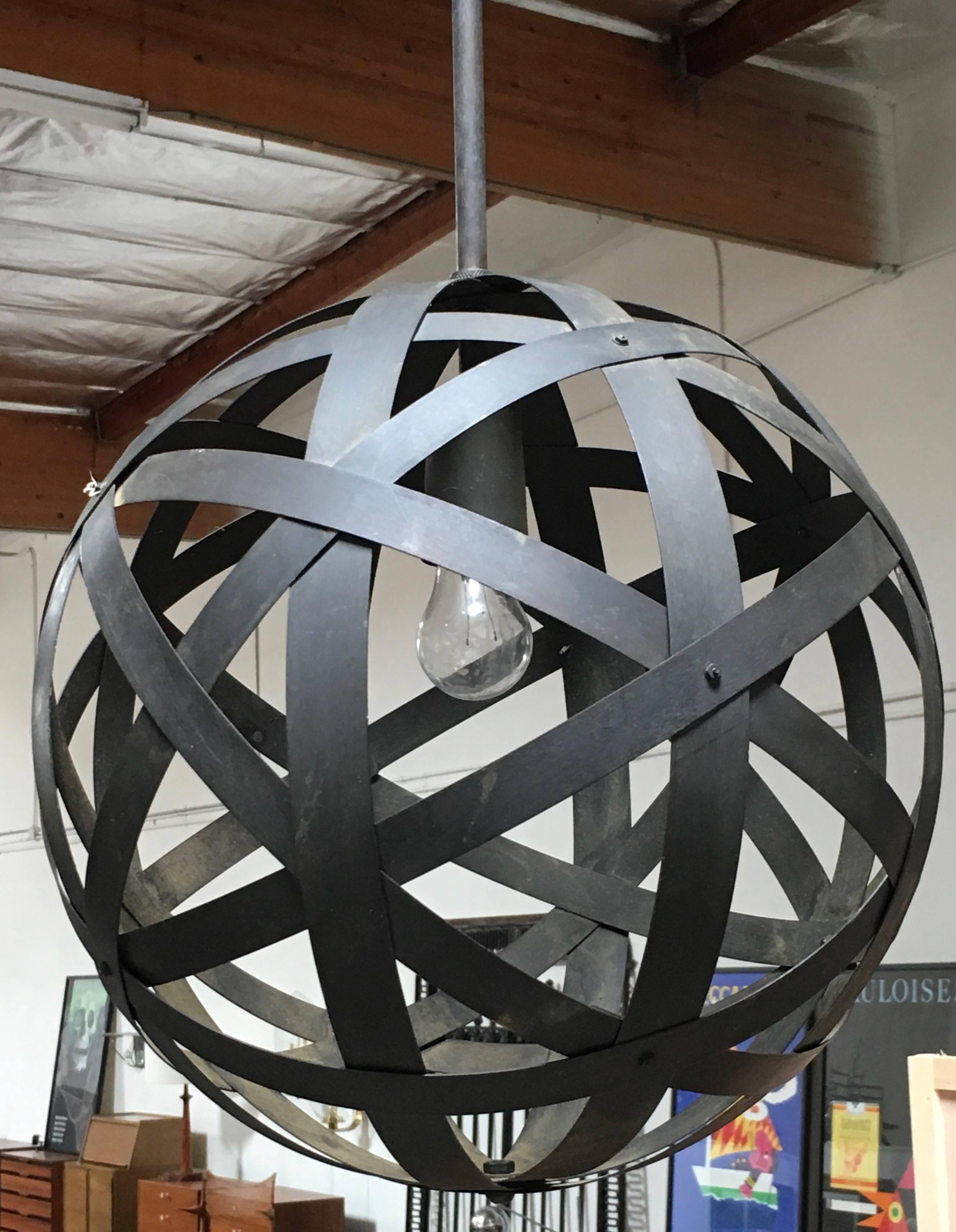 Strapped Metal Sphere Pendant Lamp In Good Condition In Denton, TX