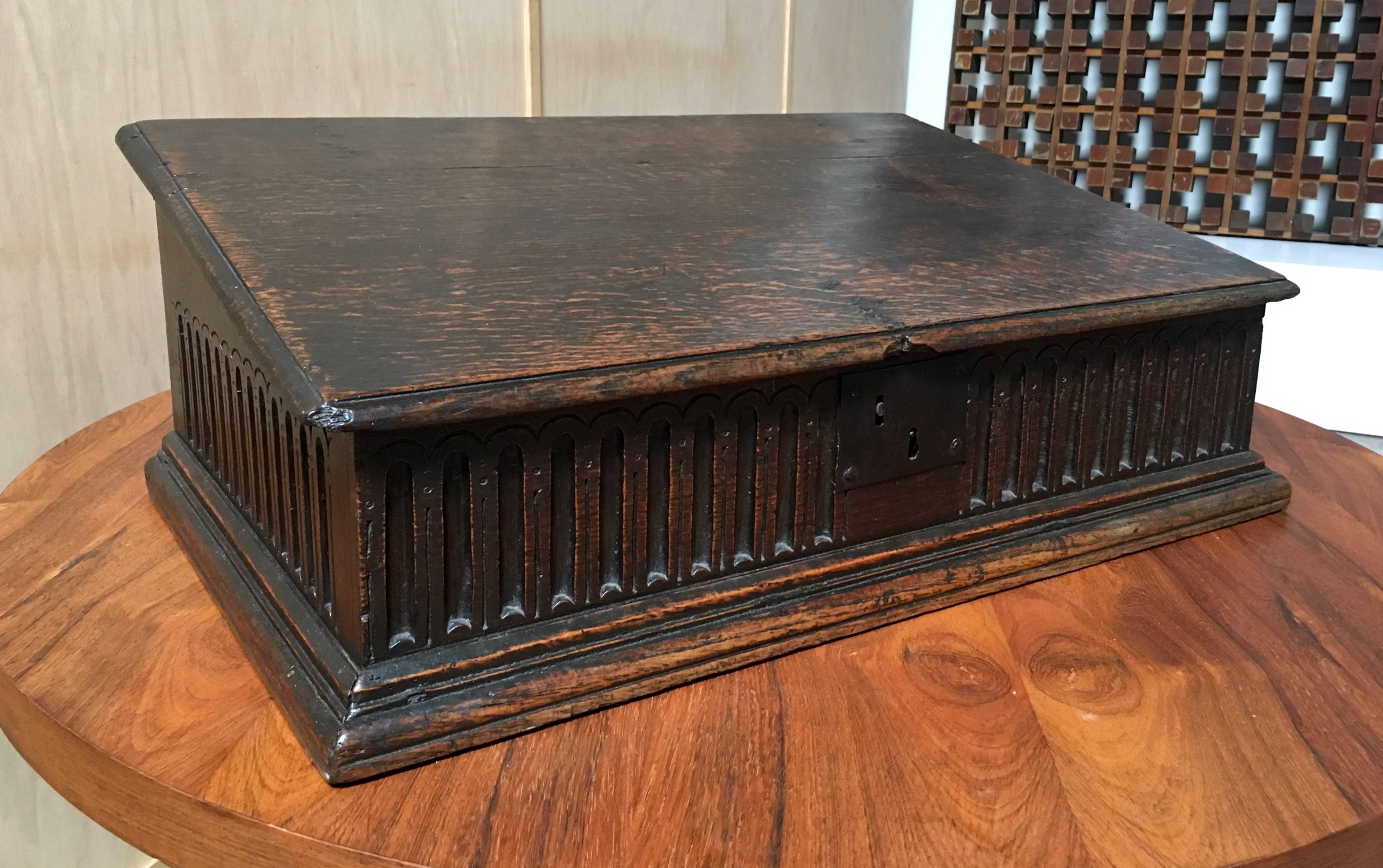 18th century  antique English bible box or letter box solid oak hand-carved.