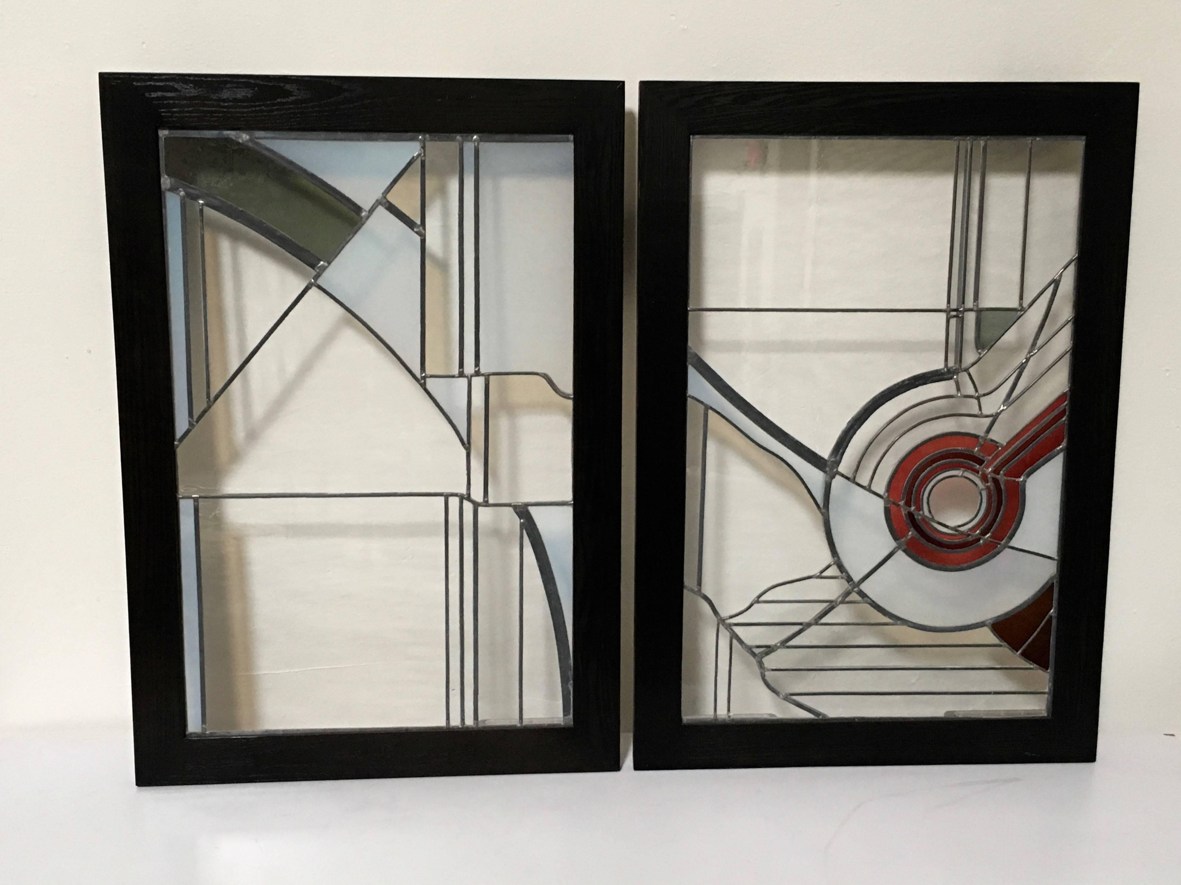 Pair of Abstract Leaded Glass Windows 2