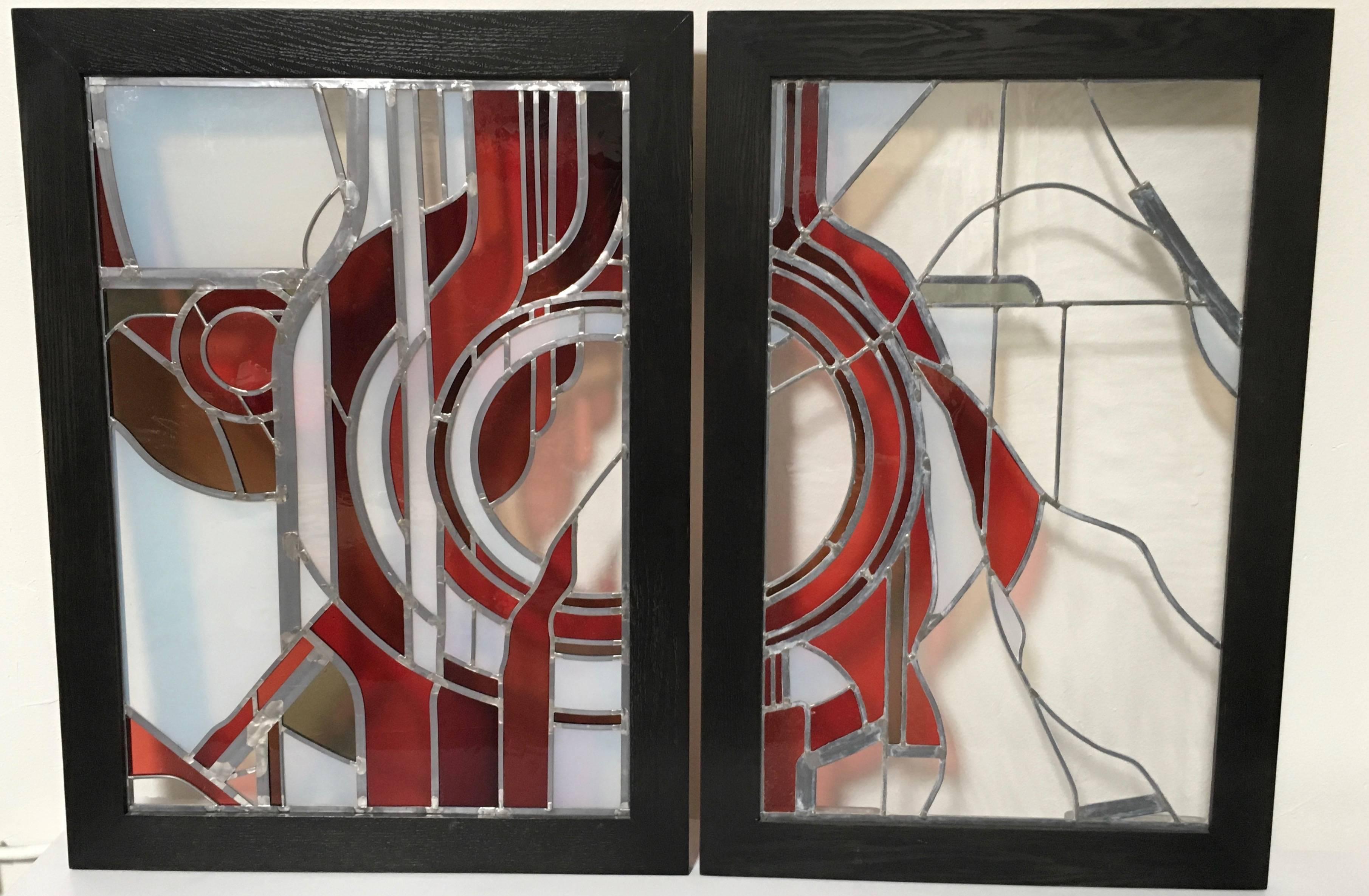 20th Century Pair of Abstract Leaded Glass Windows