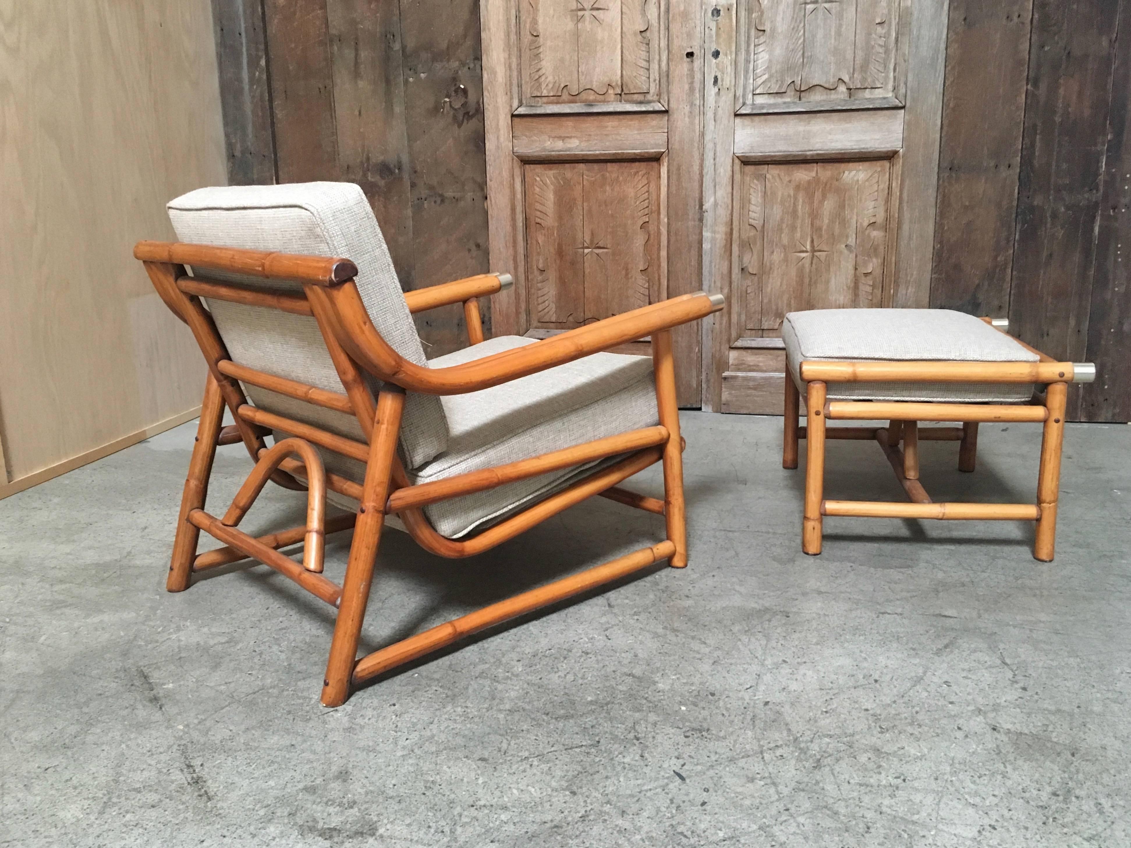 Fabric Mid-Century Modern Rattan Lounge Chair and Ottoman