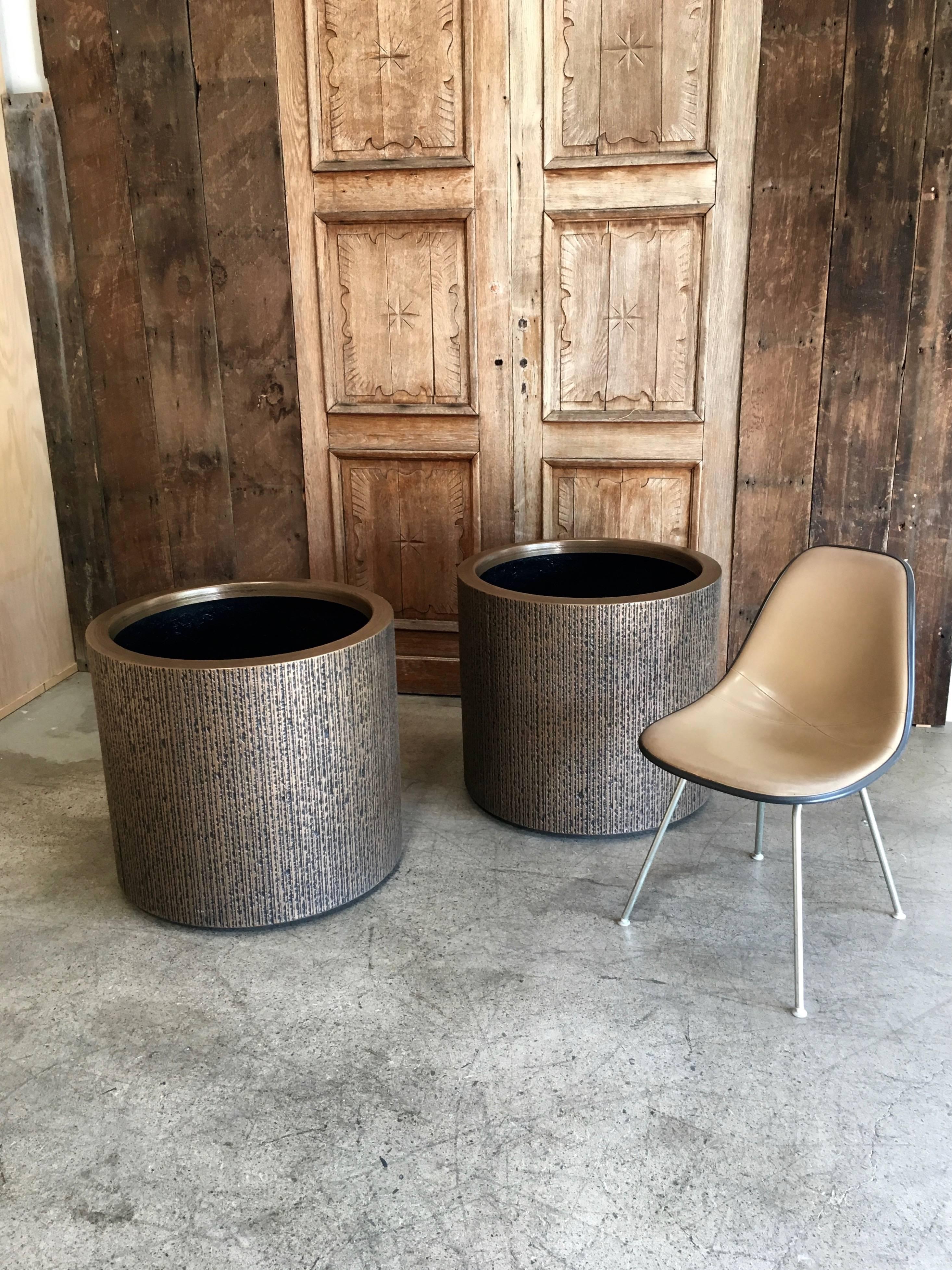 Pair of large, 1970s round planters made by Forms and Surfaces, Santa Barbara, Ca.