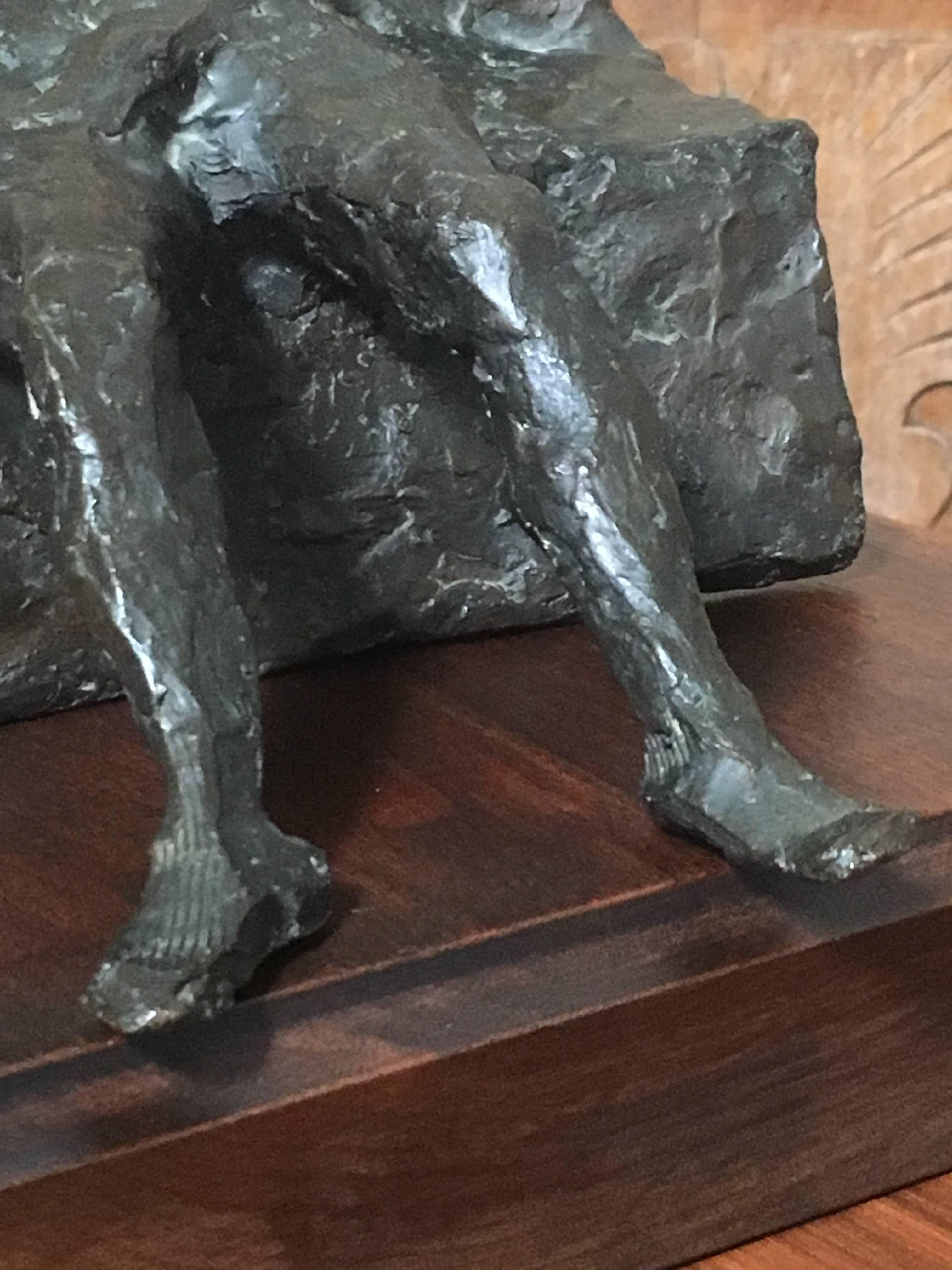 Walnut Abstract Bronze Sculpture of Man on a Bench
