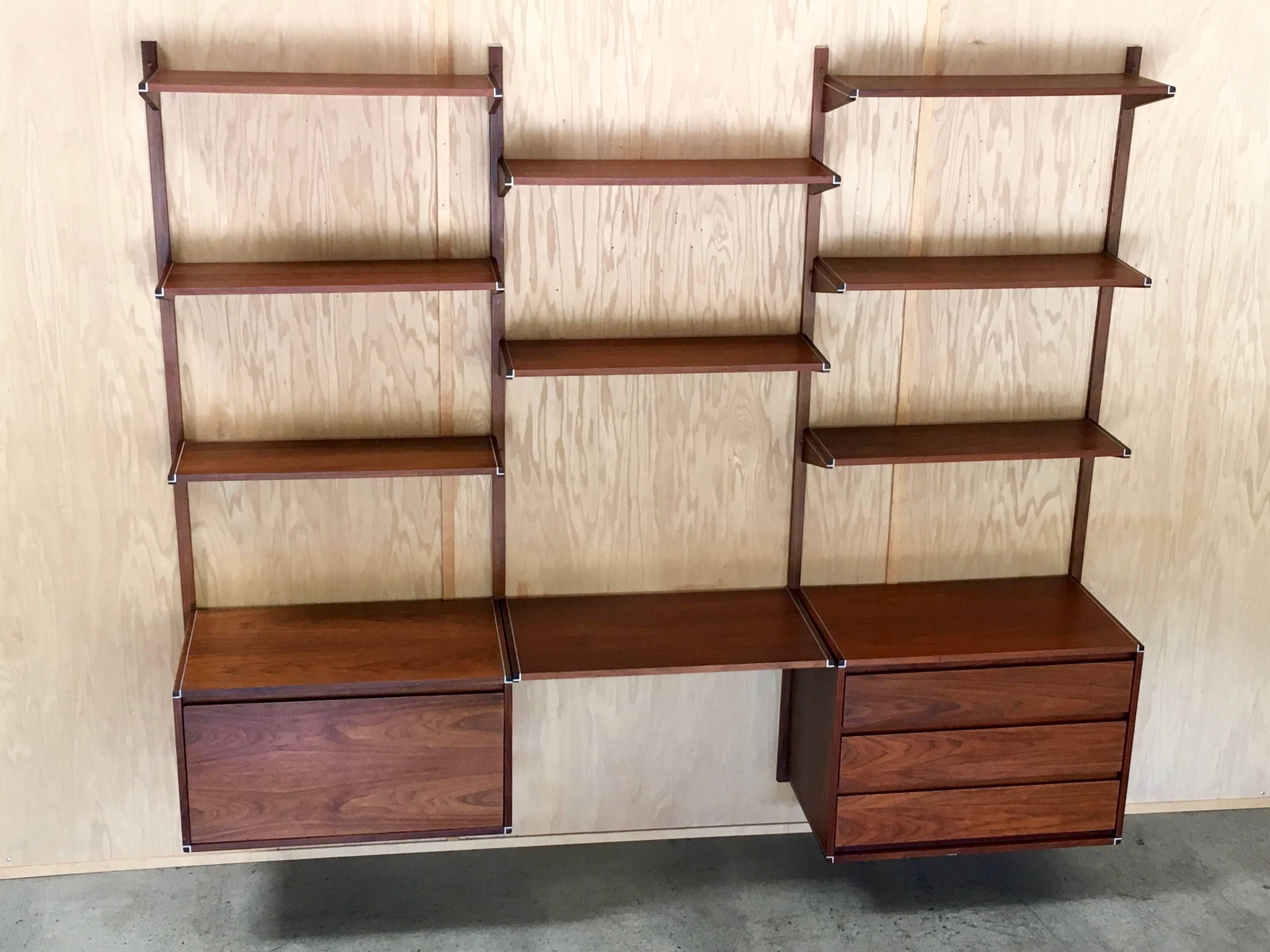 Mid-Century Modern Barzilay Three-Bay Floating Wall Unit in Walnut