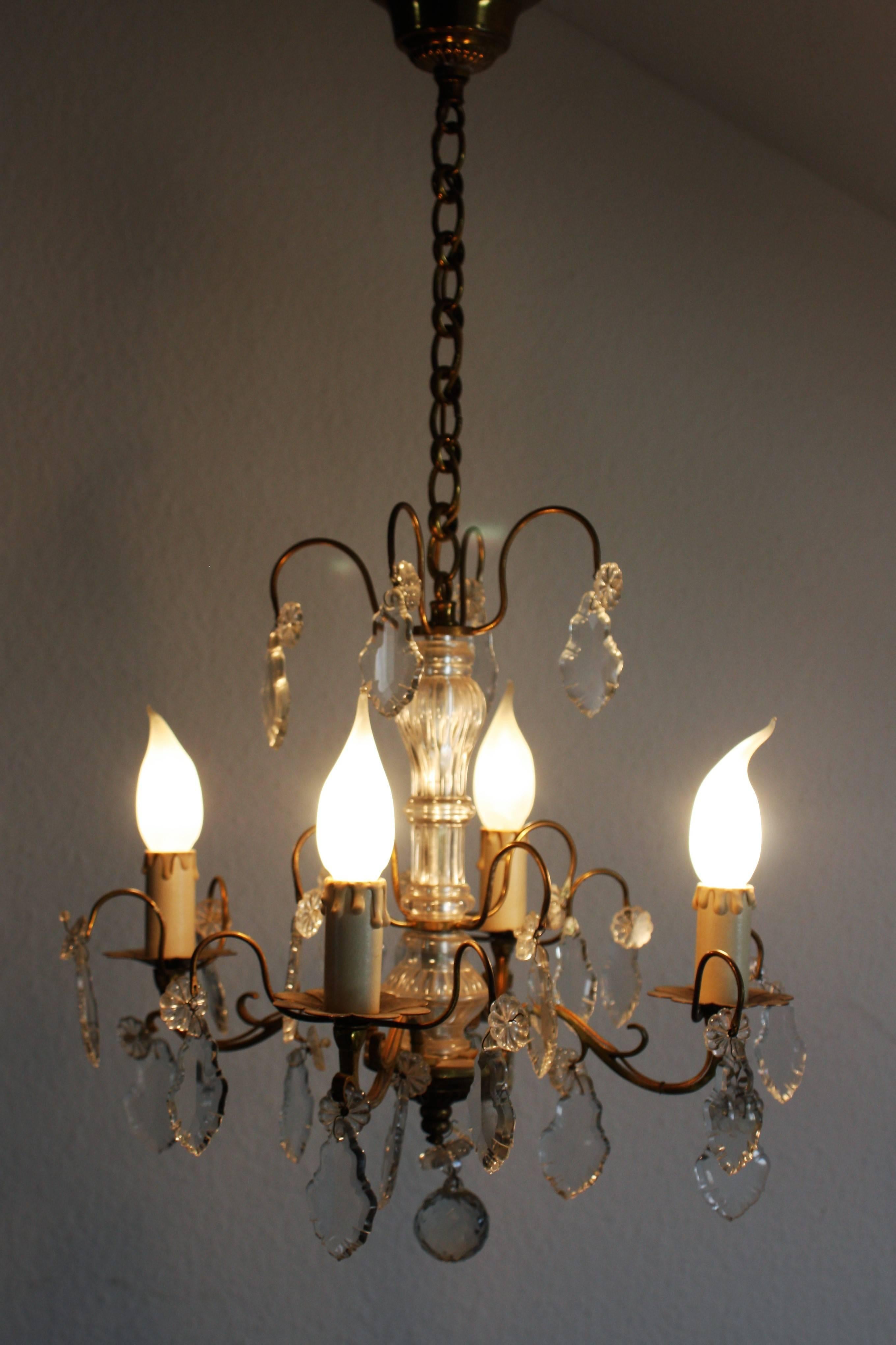 Hand-Crafted French Chandelier in Louis XVI Style Brass and Cut Crystal, circa 1930s