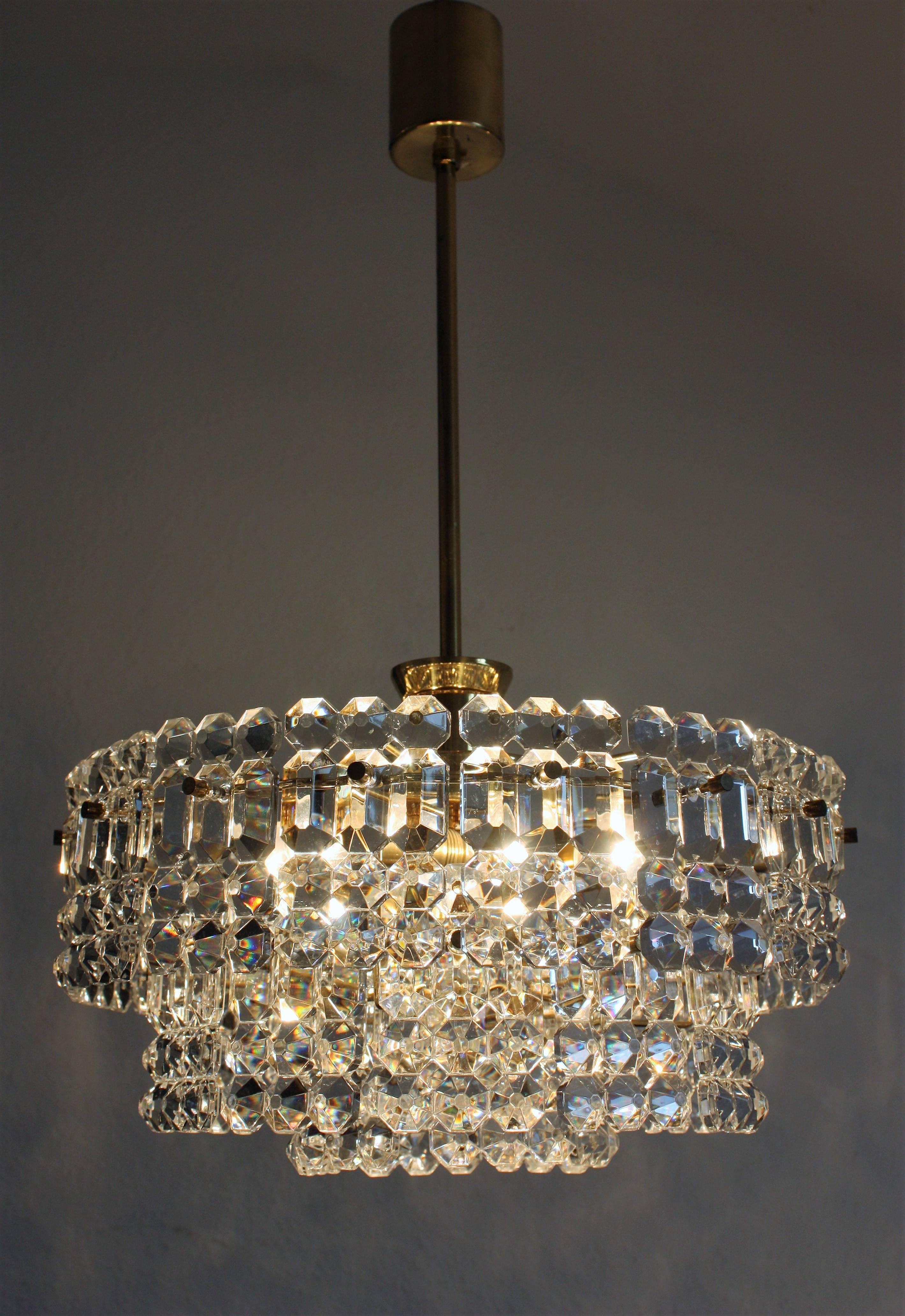 Mid-Century Modern Large Chandelier by Kinkeldey Geometric Grip Crystal and Brass, 1960s