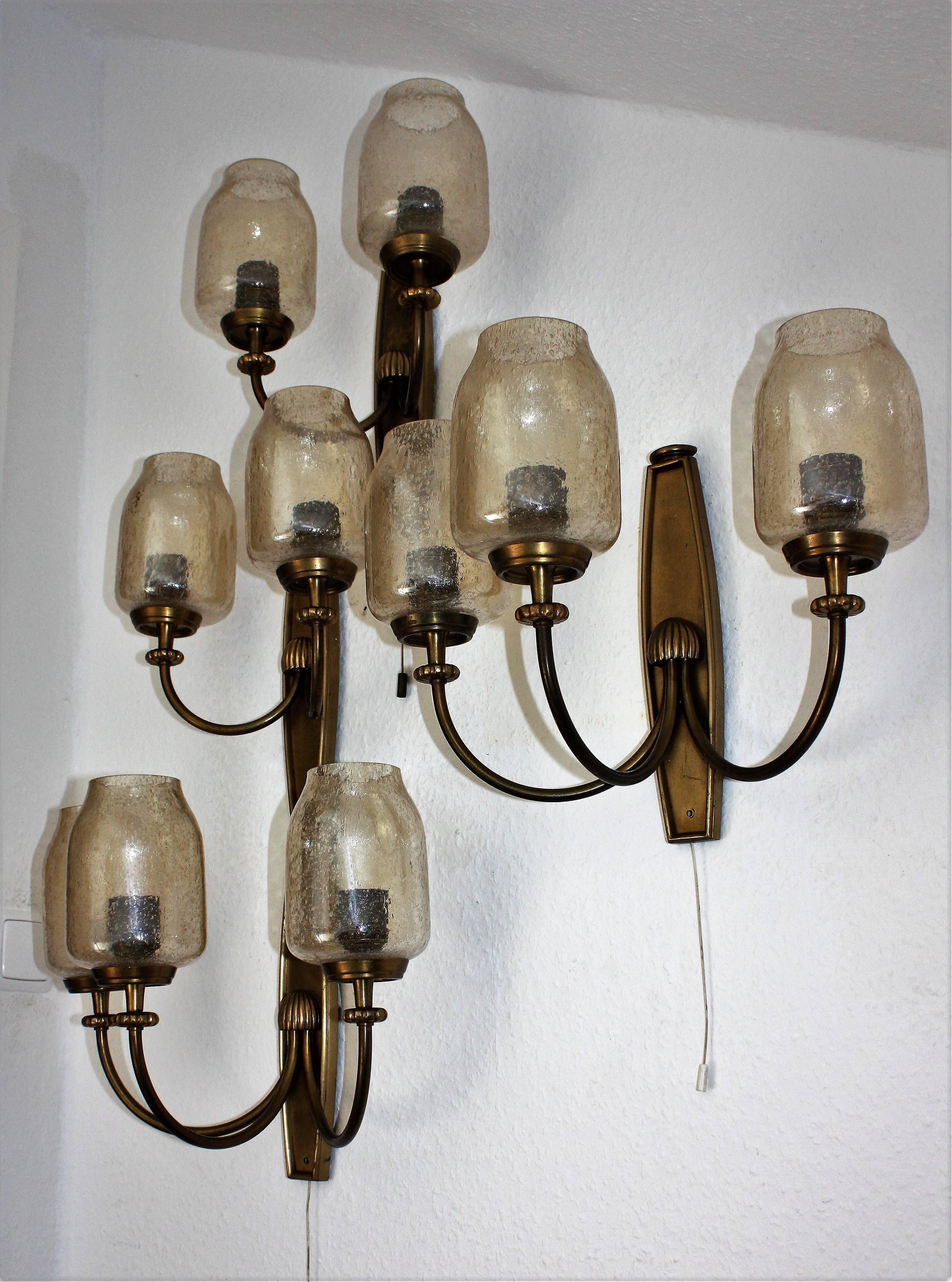 Set of Three Large Art Deco Wall Sconces Brass, 1940s 4