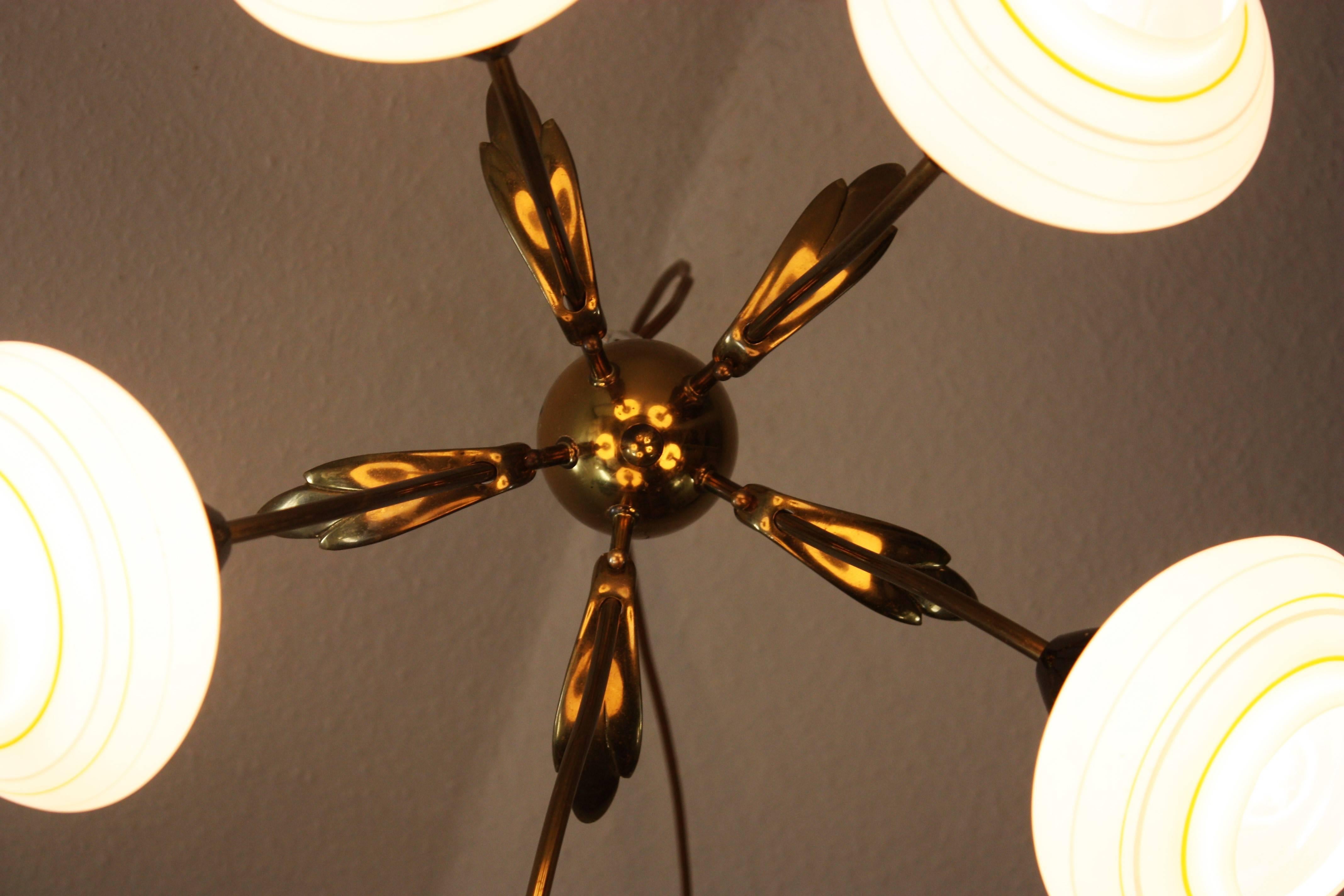 Mid-Century Modern Mid - Century Five-Light Brass and Glass Sputnik Chandelier , 1950s