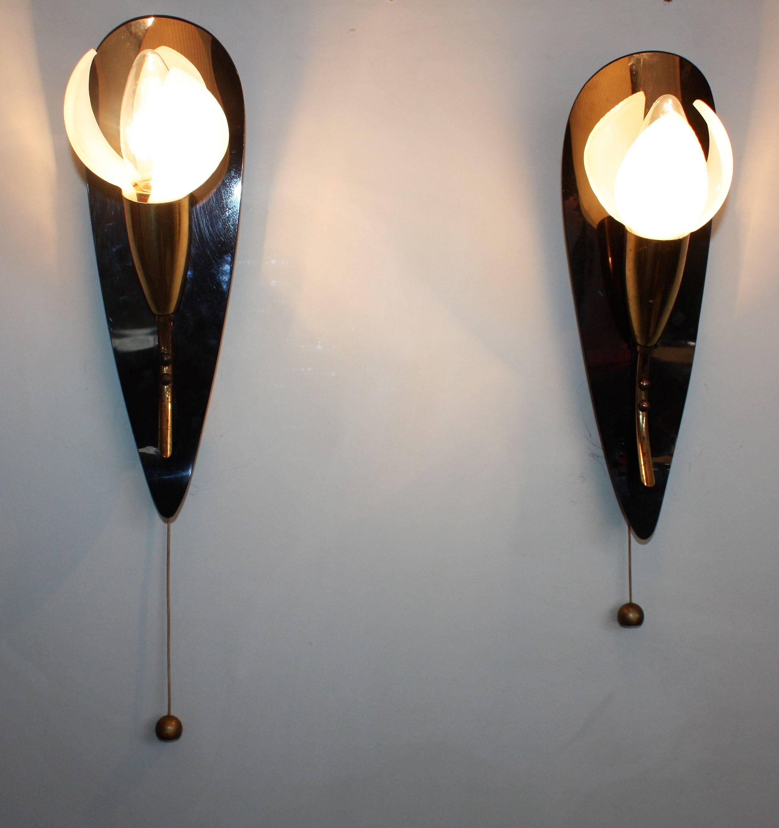 Mid-Century Modern Pair of Mid-Century Wall Sconces Brass and Acrylic Flower