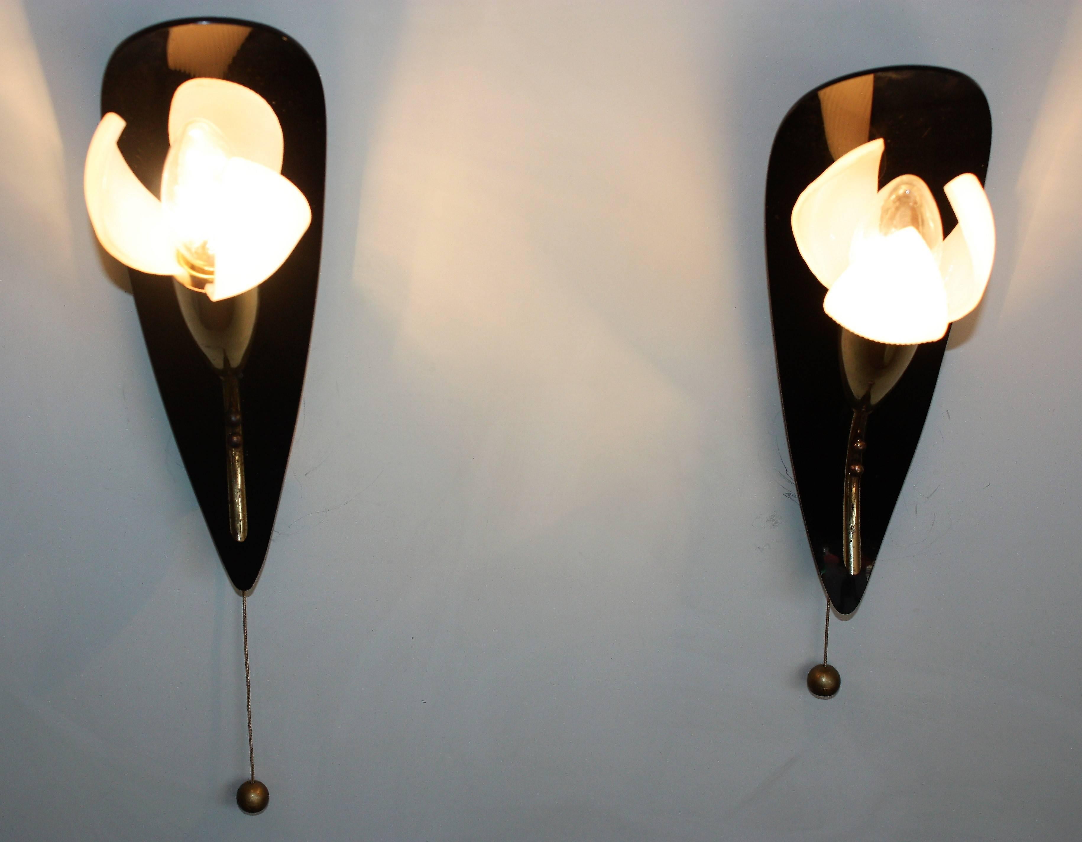 Pair of Mid-Century Wall Sconces Brass and Acrylic Flower 1