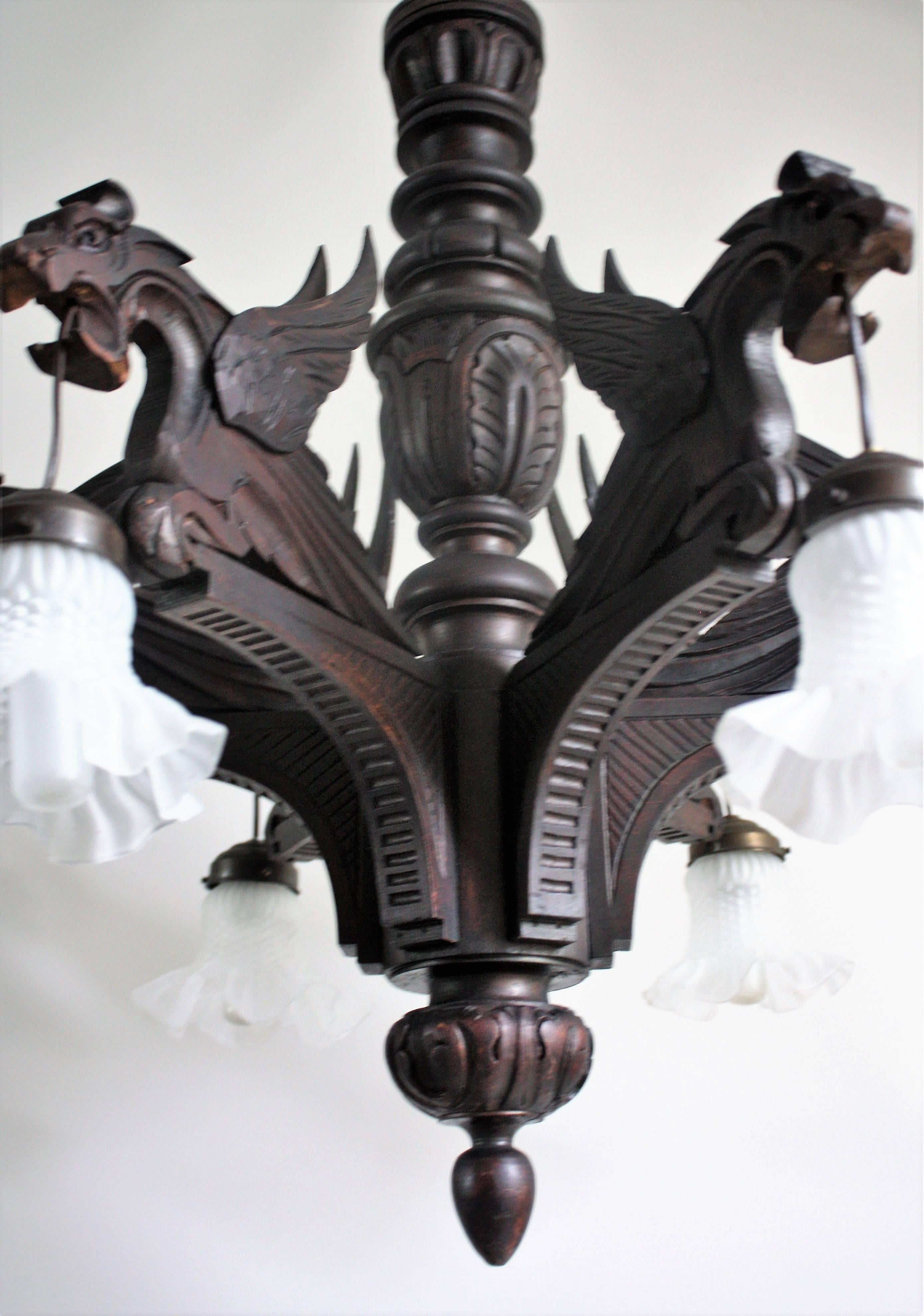 Gothic Stunning Six-Light Wooden Chandelier, Hand-Carved, circa 1900 Gothik Style