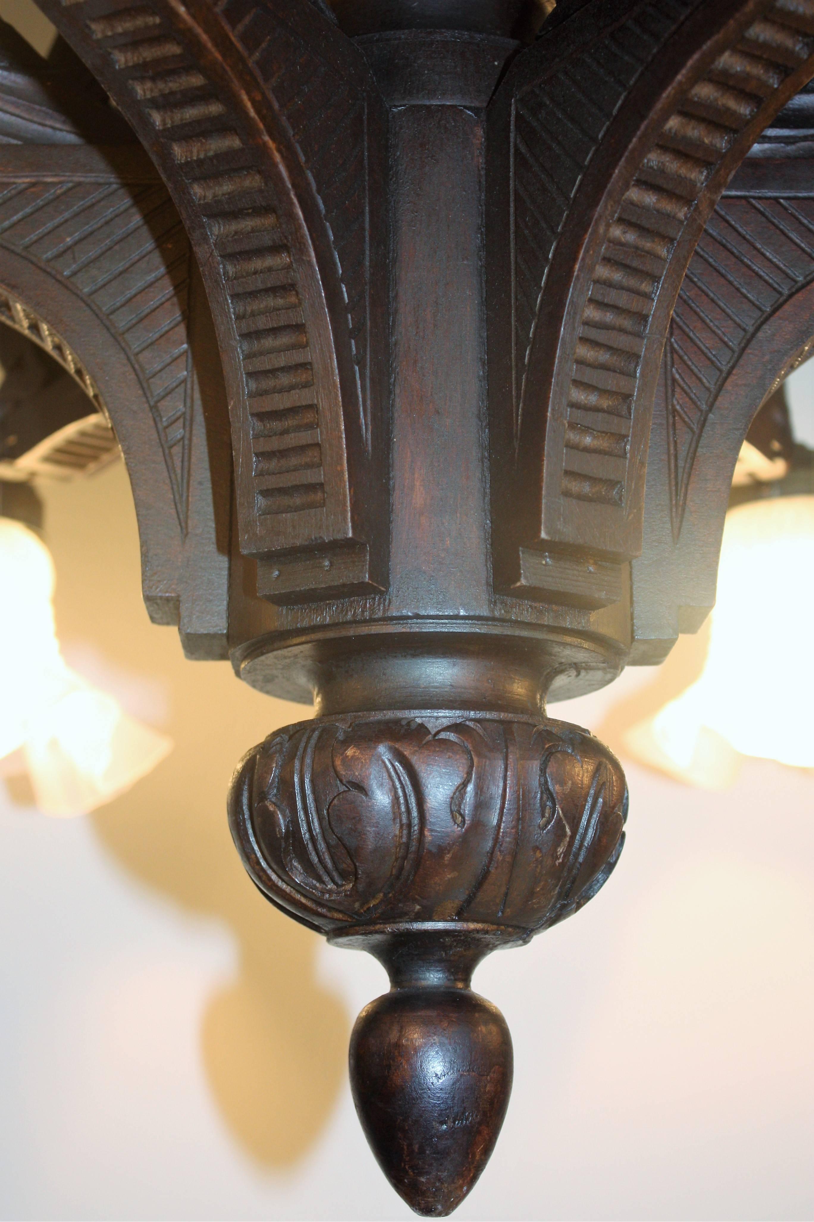 Hand-Crafted Stunning Six-Light Wooden Chandelier, Hand-Carved, circa 1900 Gothik Style