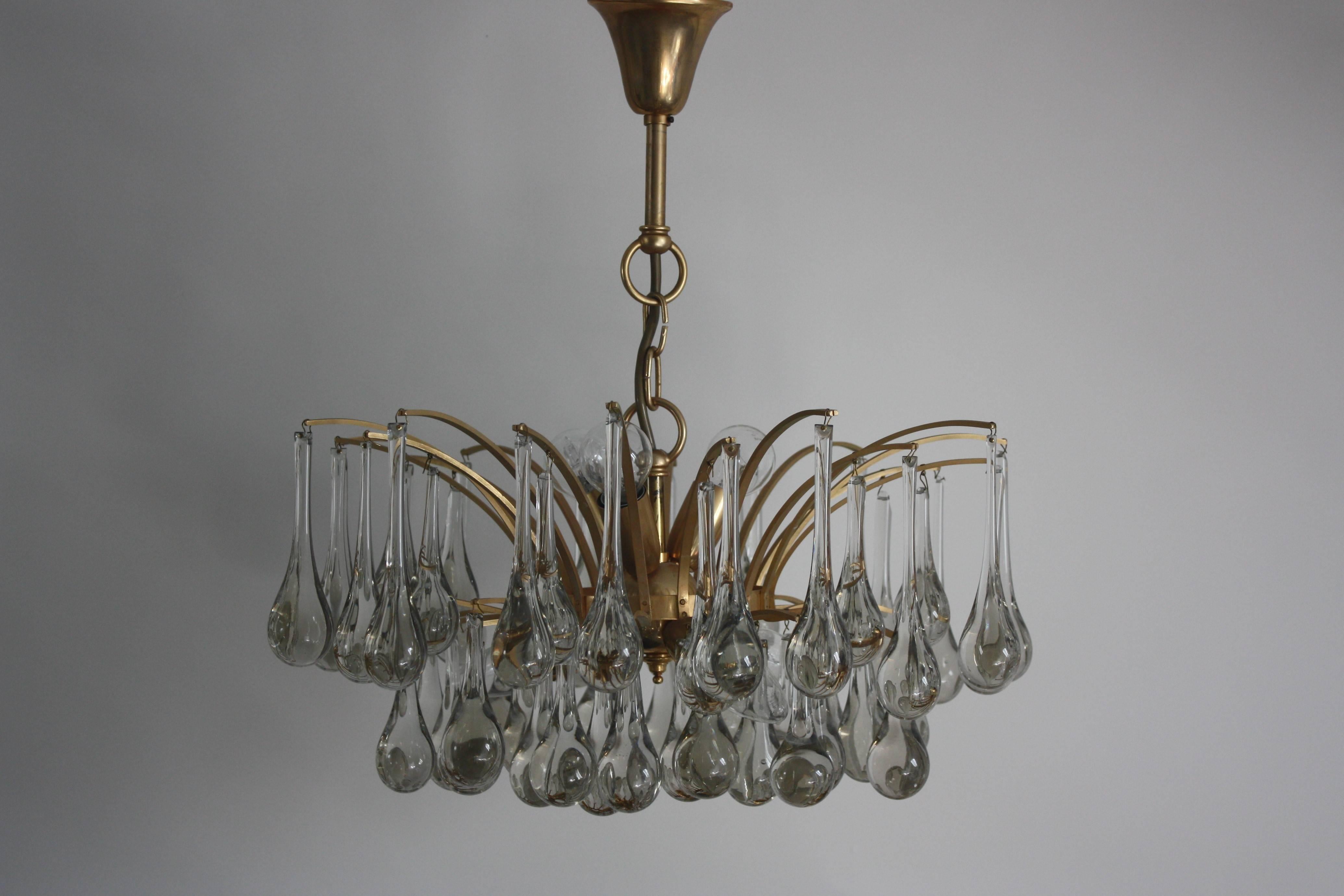 German Clear Murano Glass and Brass Chandelier, circa 1970s Attr. by E.Palme 