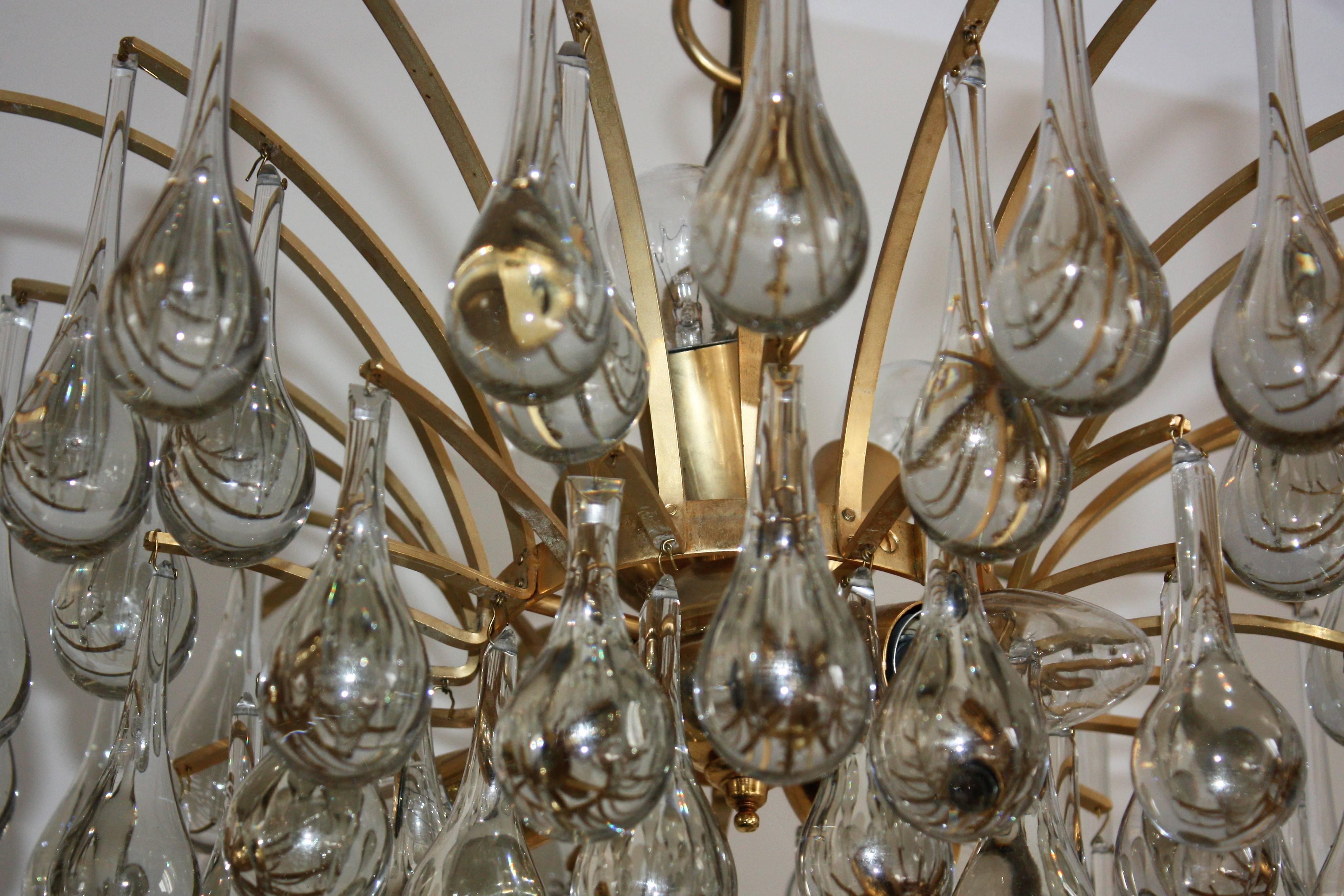 Late 20th Century Clear Murano Glass and Brass Chandelier, circa 1970s Attr. by E.Palme 