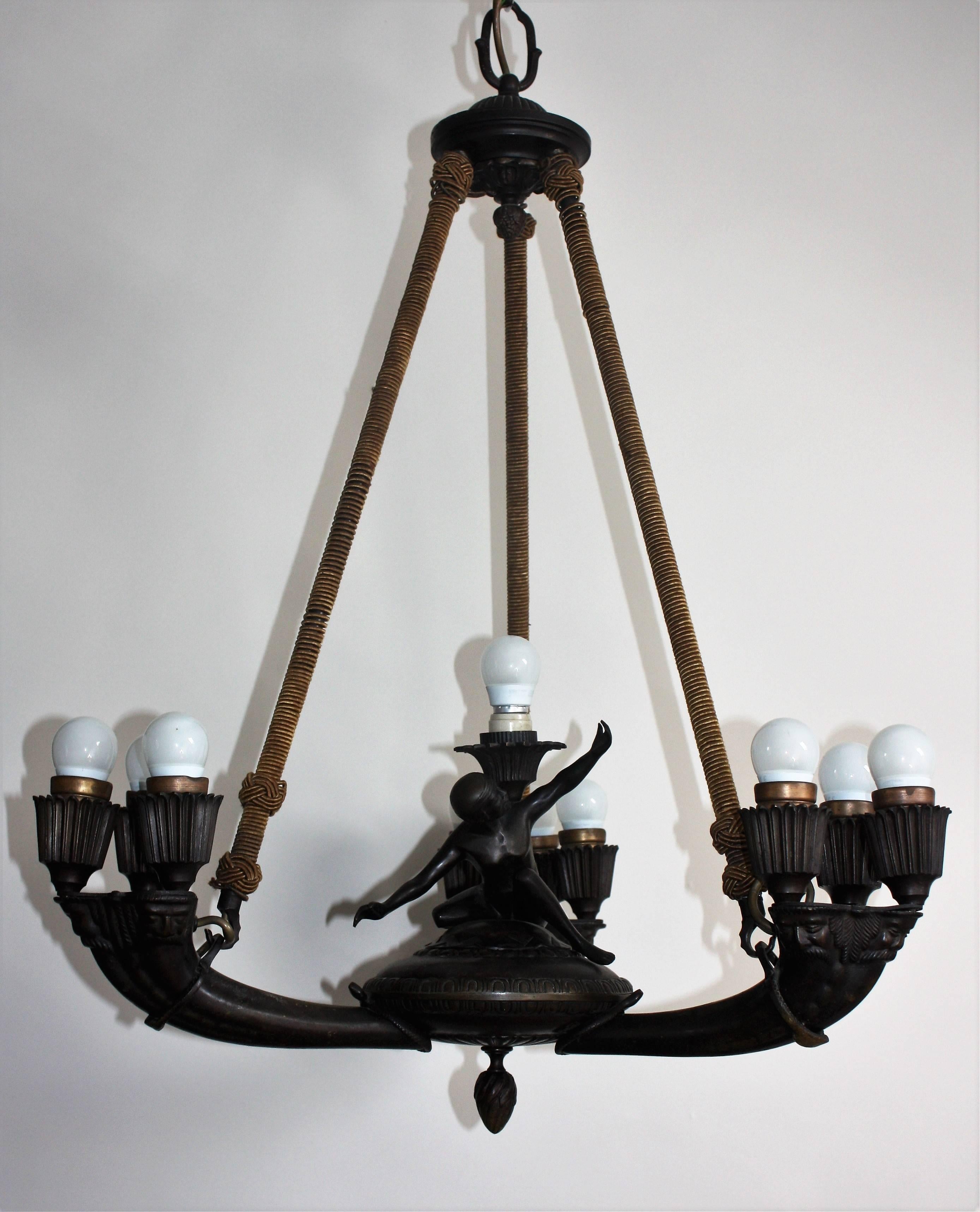 Solid bronze, three-arm chandelier in the style of Empire, Germany, circa 1900s.
Ten-light massive bronze frame with beautiful figural details.
New rewired.
Lamp Socket: Ten x E27 Edison for standard screw bulbs.
Very good condition.
 