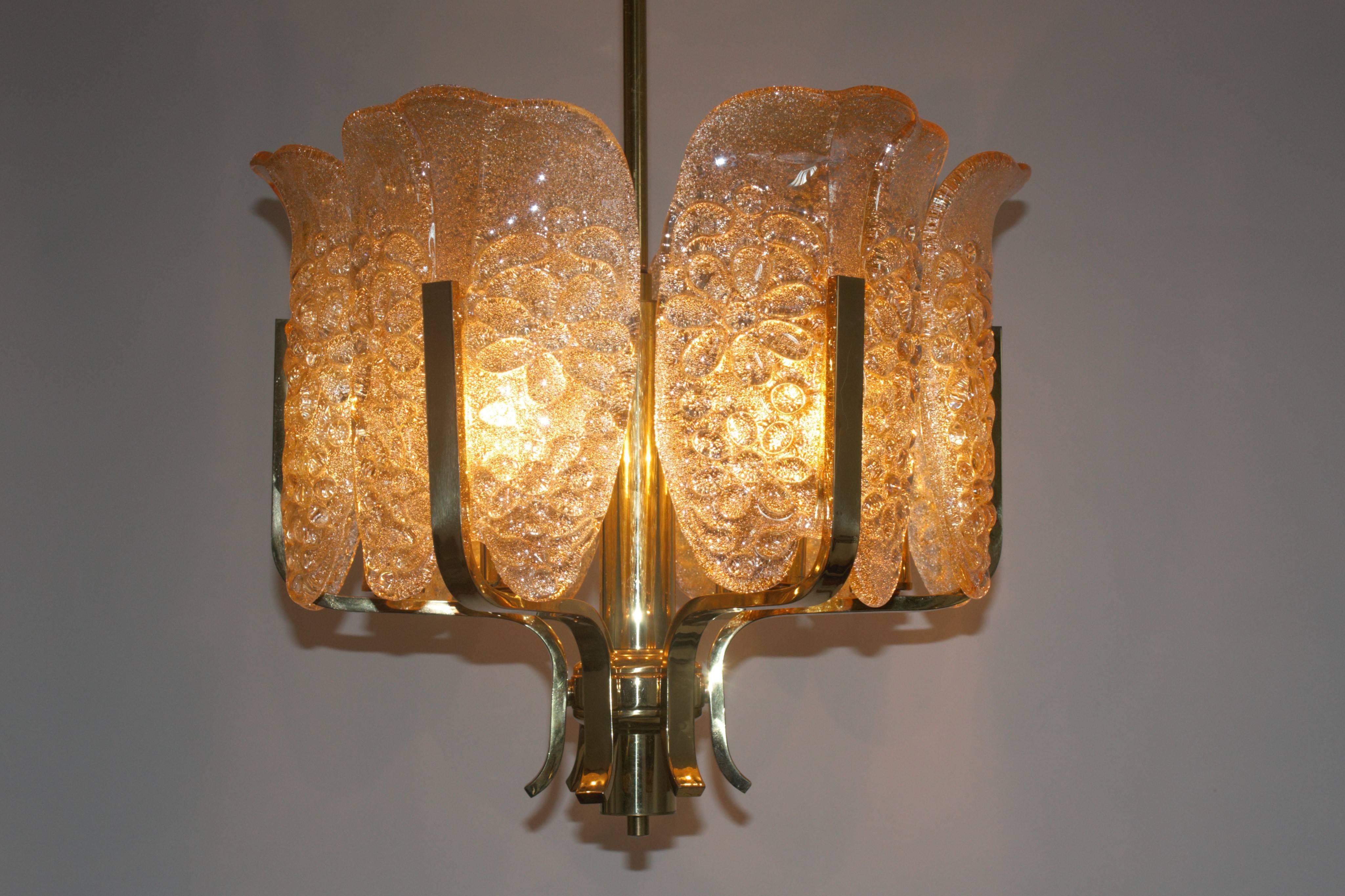 Mid-Century Modern Amber Glass and Brass Chandelier by C. Fagerlund for Orrefors, circa 1960s For Sale