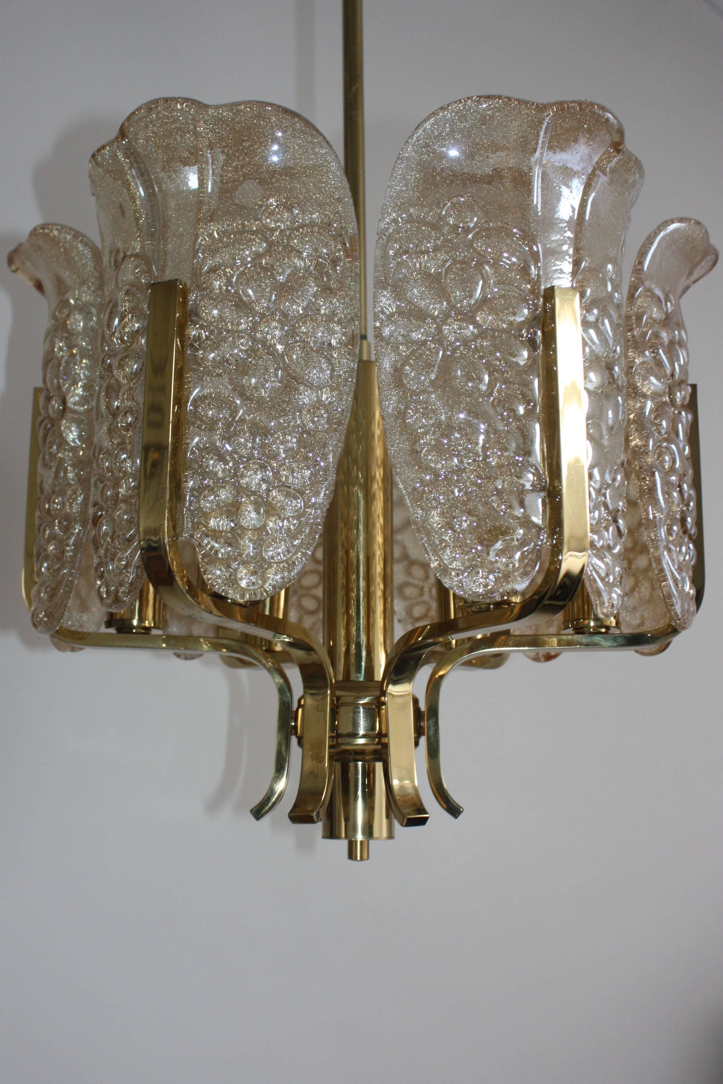 Swedish Amber Glass and Brass Chandelier by C. Fagerlund for Orrefors, circa 1960s For Sale