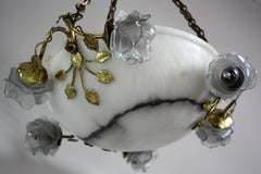 Large Art Deco Glass Roses and Alabaster Pendant, France, circa 1920s