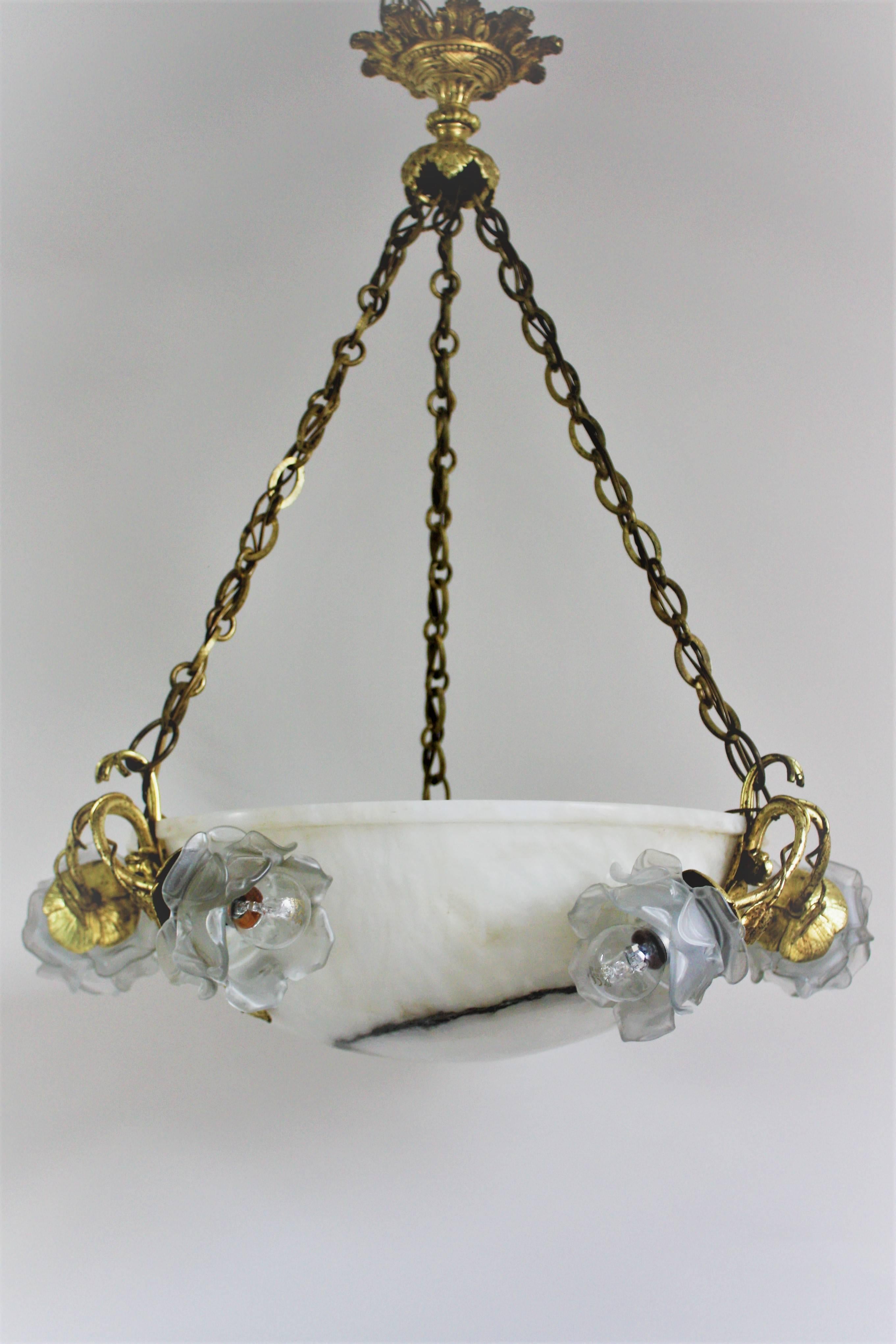 Bronze Large Art Deco Glass Roses and Alabaster Pendant, France, circa 1920s For Sale