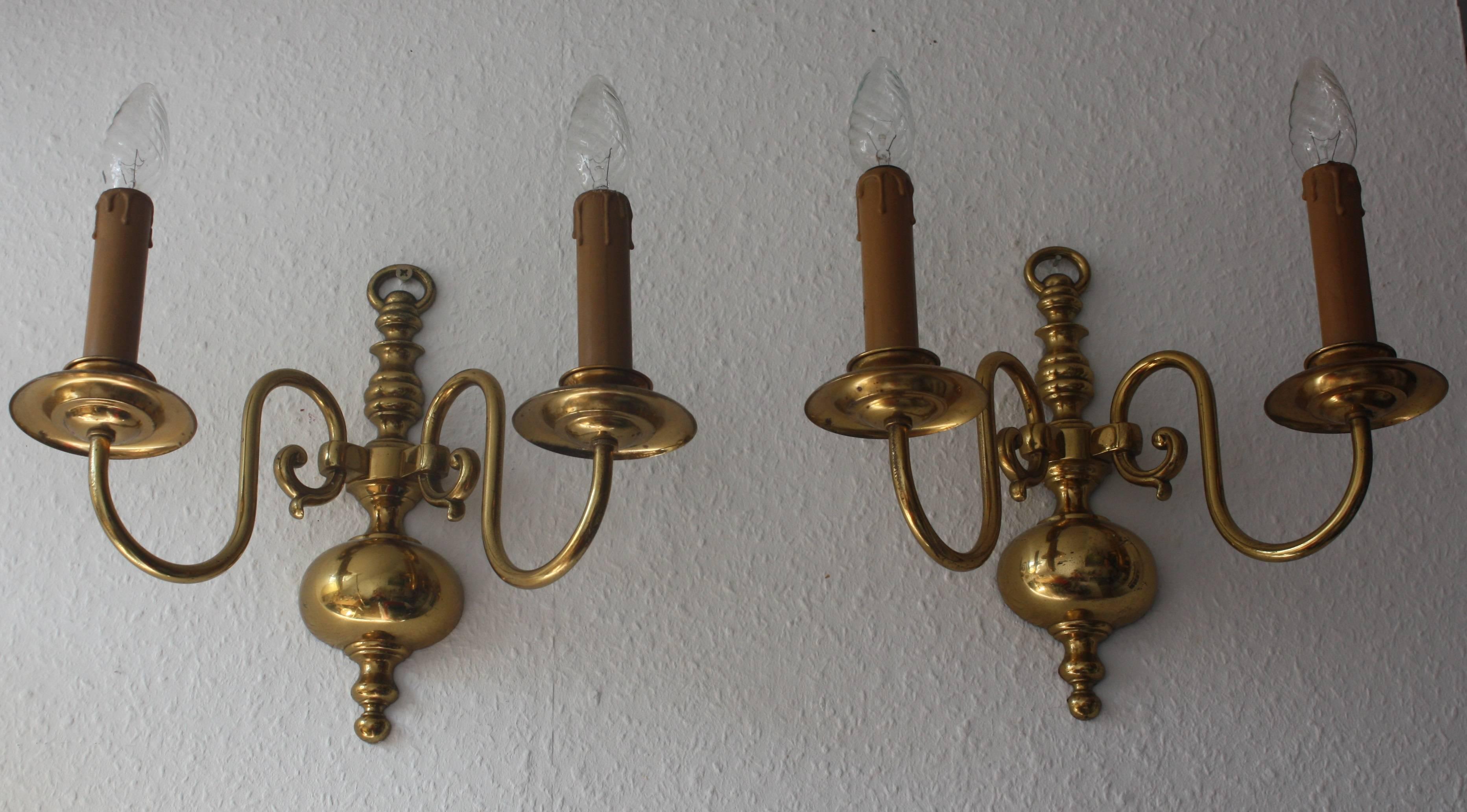 German Elegant Pair of Brass Wall Lights in the Style of Baroque, circa 1940s