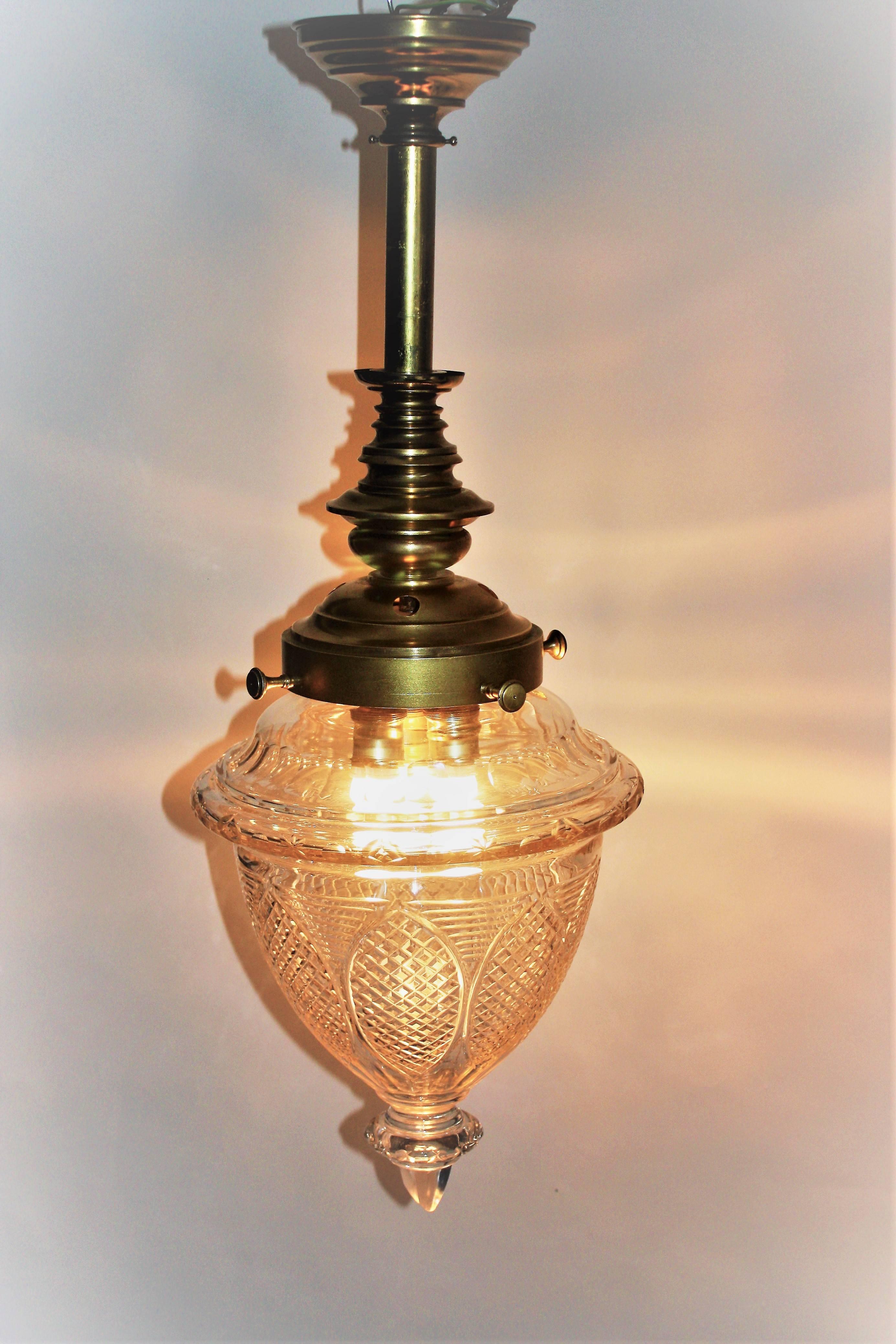 Stunning Art Nouveau Pendant Brass and Crystal Lantern, circa 1910s 5