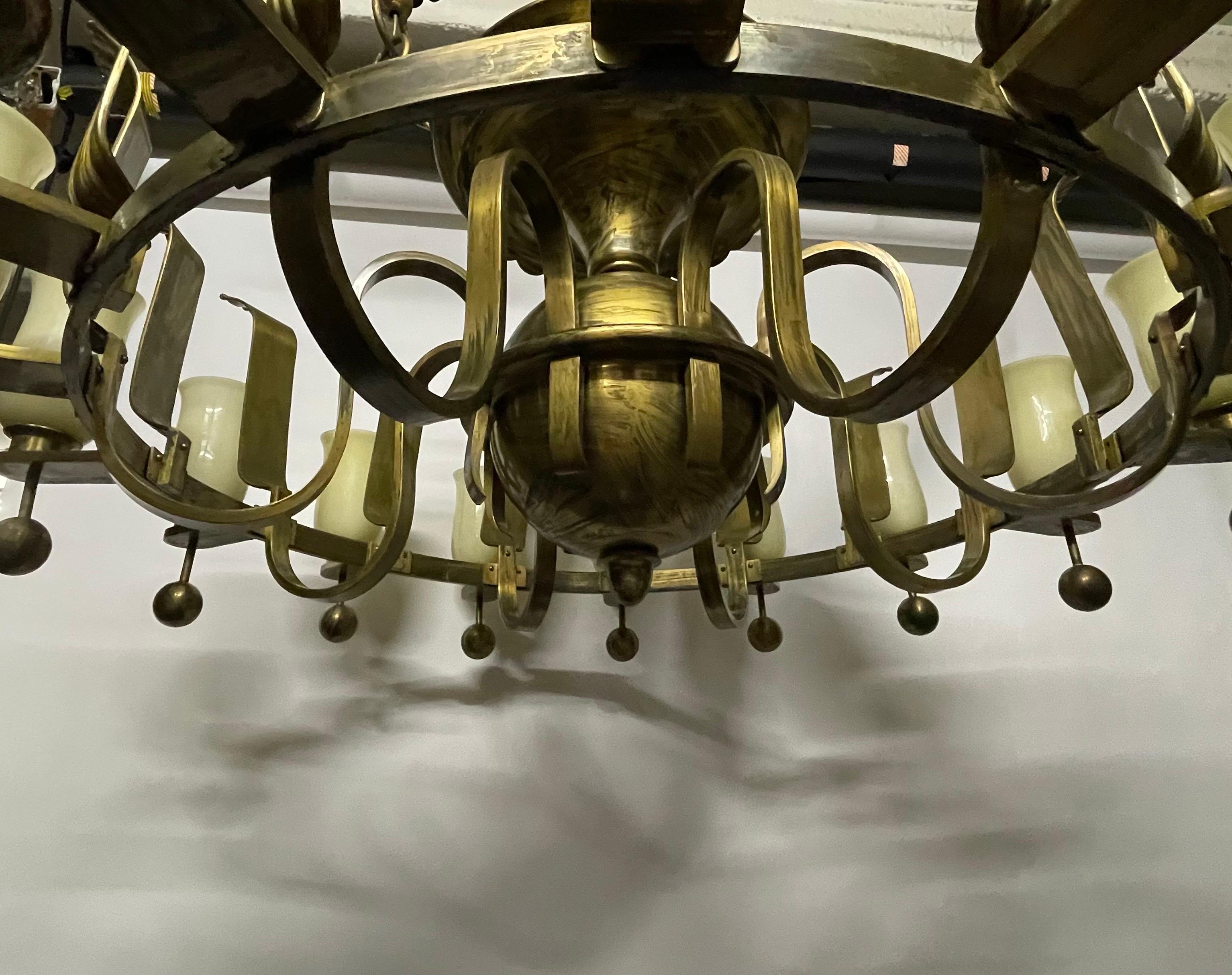 Huge German Art Deco Solid Brass and Opal Glass Chandelier, 1930s 10