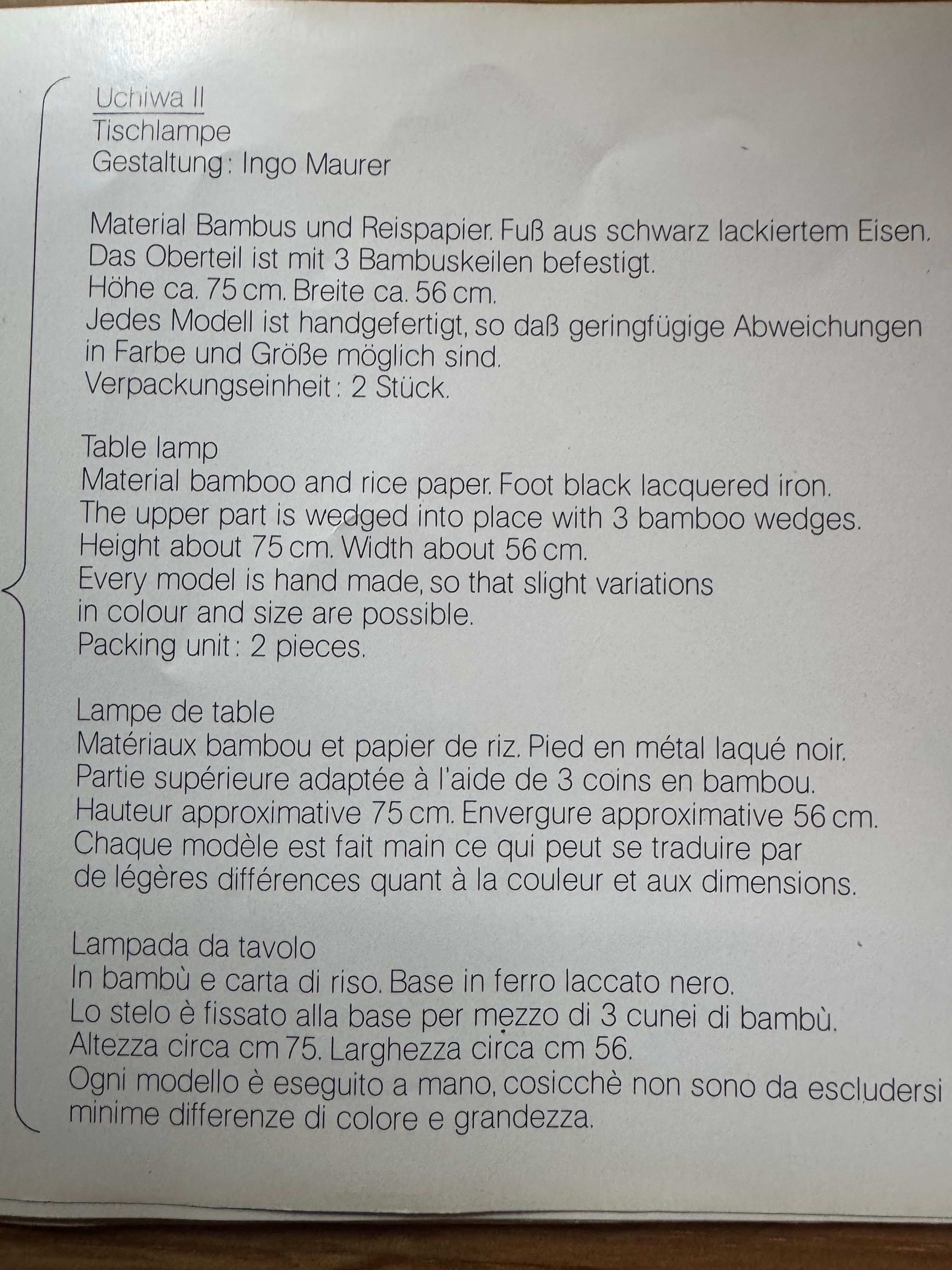 Giapponismo Rara lampada da tavolo Uchiwa II di Ingo Maurer, circa anni '70 in vendita
