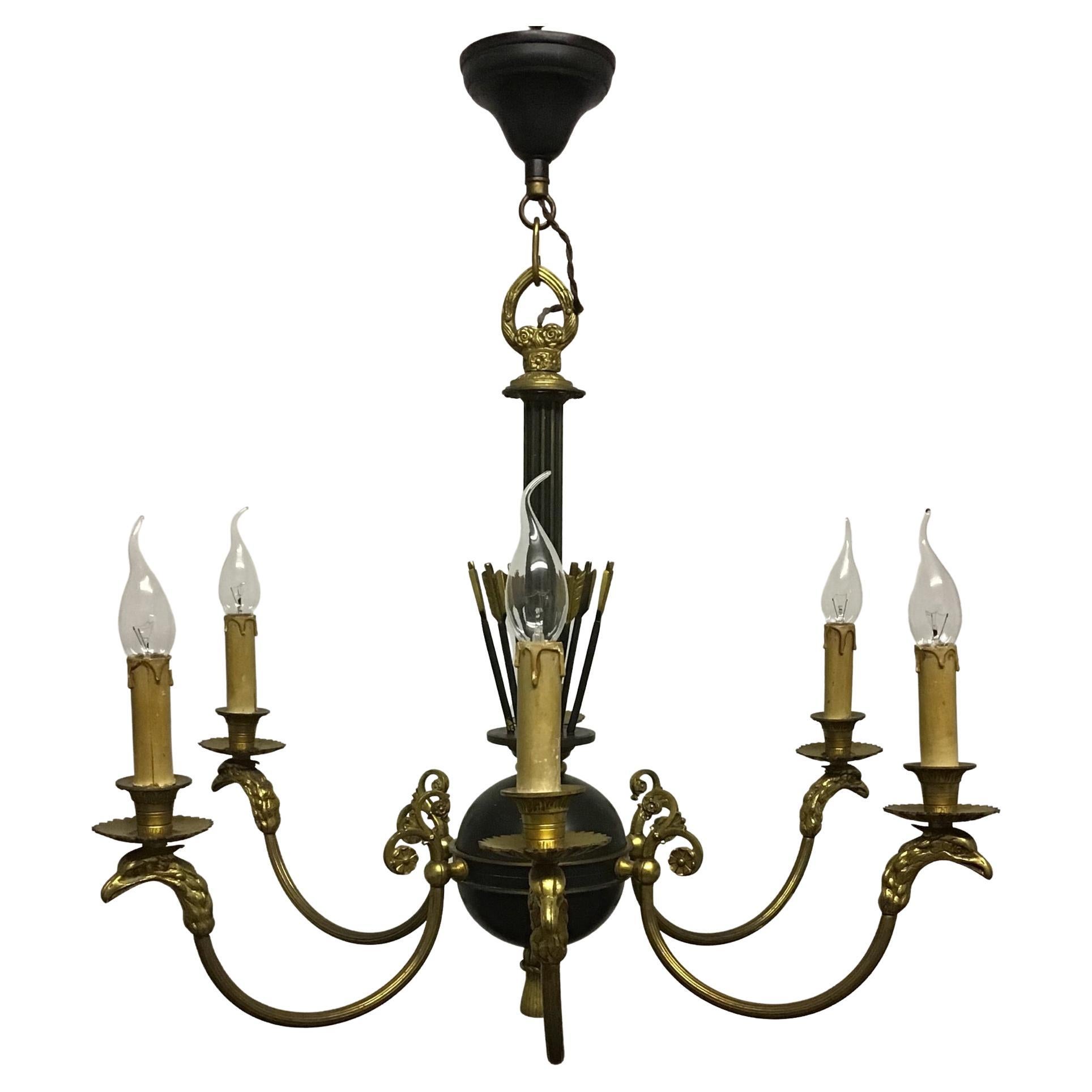 French Gilt Bronze Chandelier with Eagle Heads and Arrows, 1930s For Sale