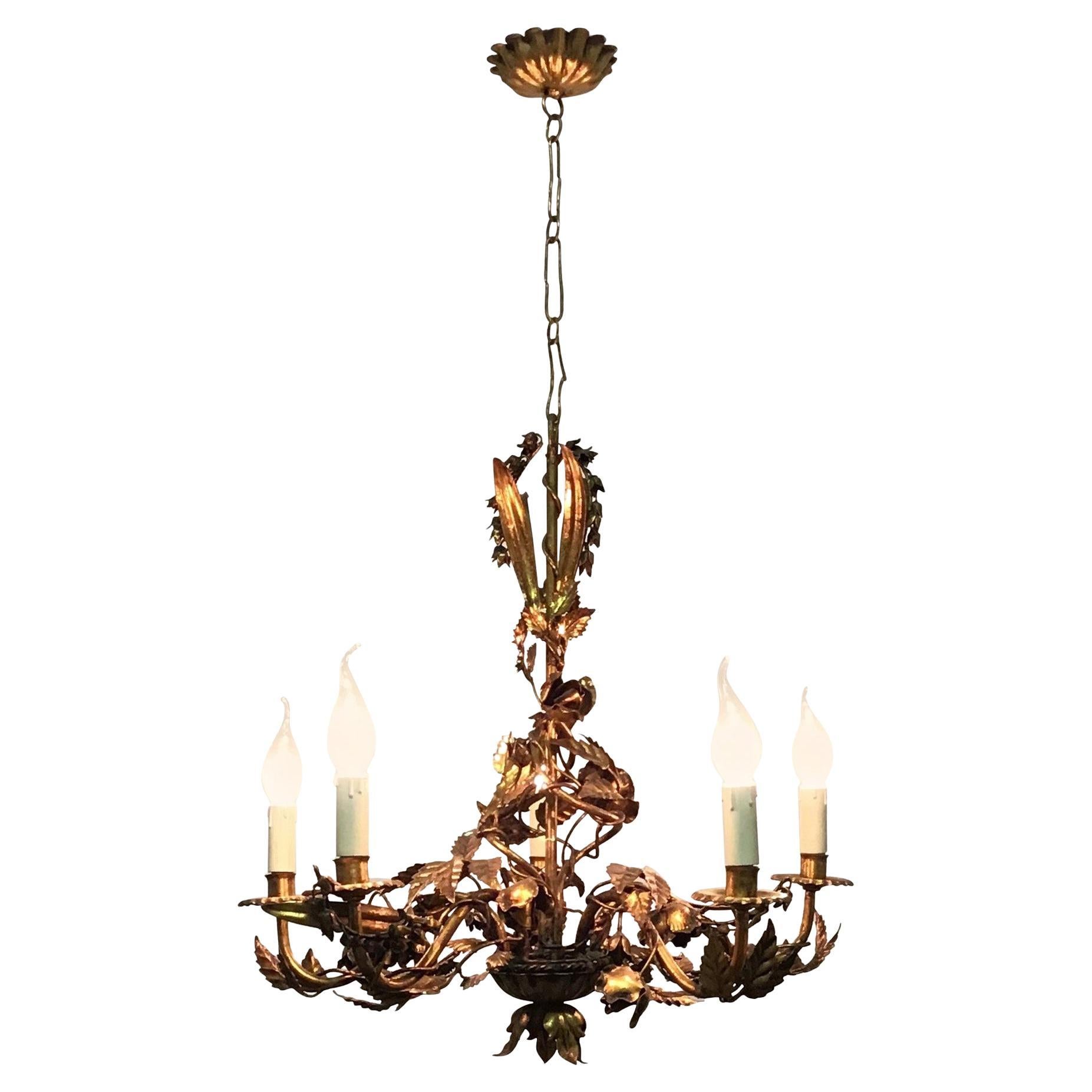  Italian Gilt Iron Leaves and Roses Chandelier, circa 1940s