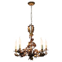  Italian Gilt Iron Leaves and Roses Chandelier, circa 1940s