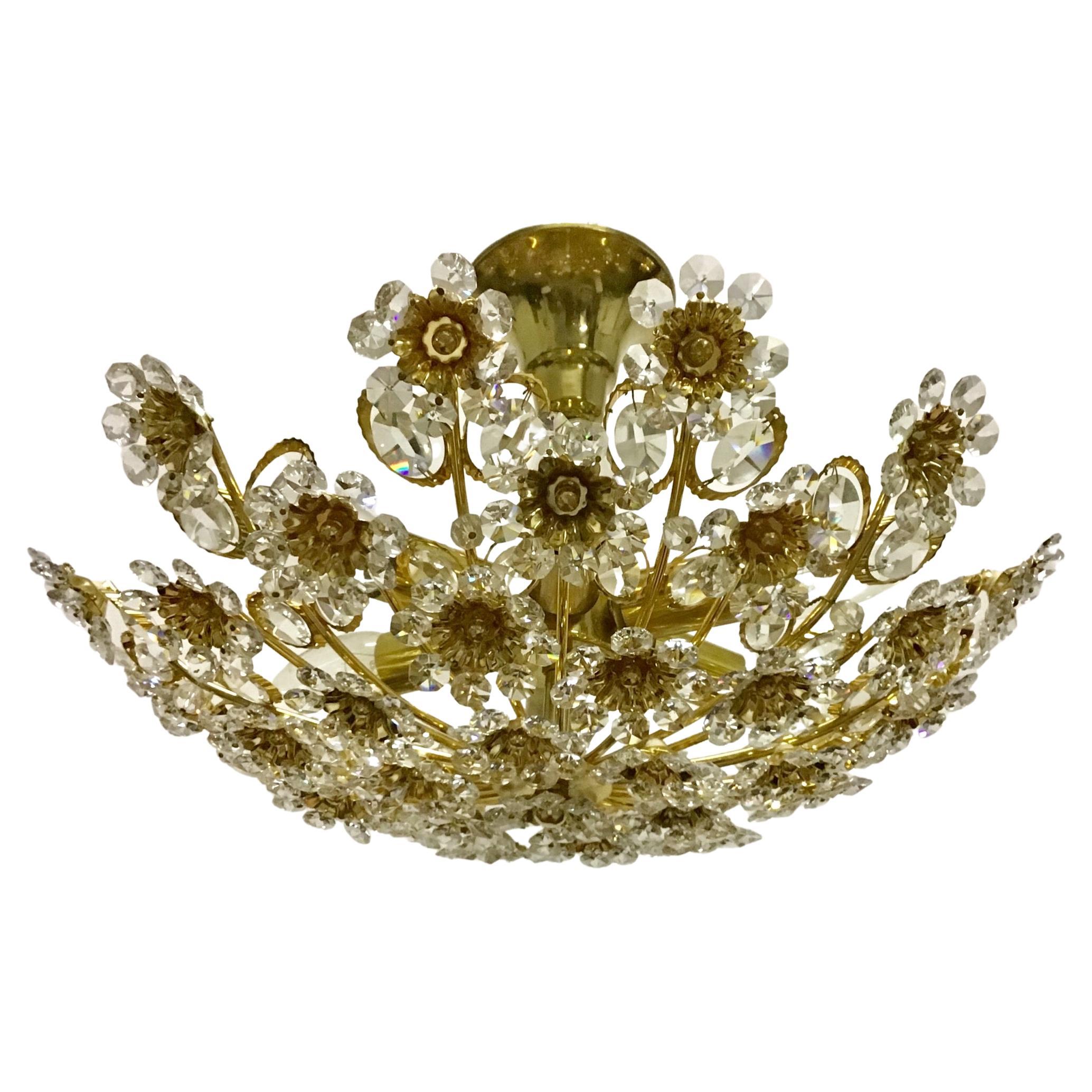 Lovely Bouquet Gilt Brass and Crystal Flush Mount by Palwa, Germany, circa 1960s For Sale