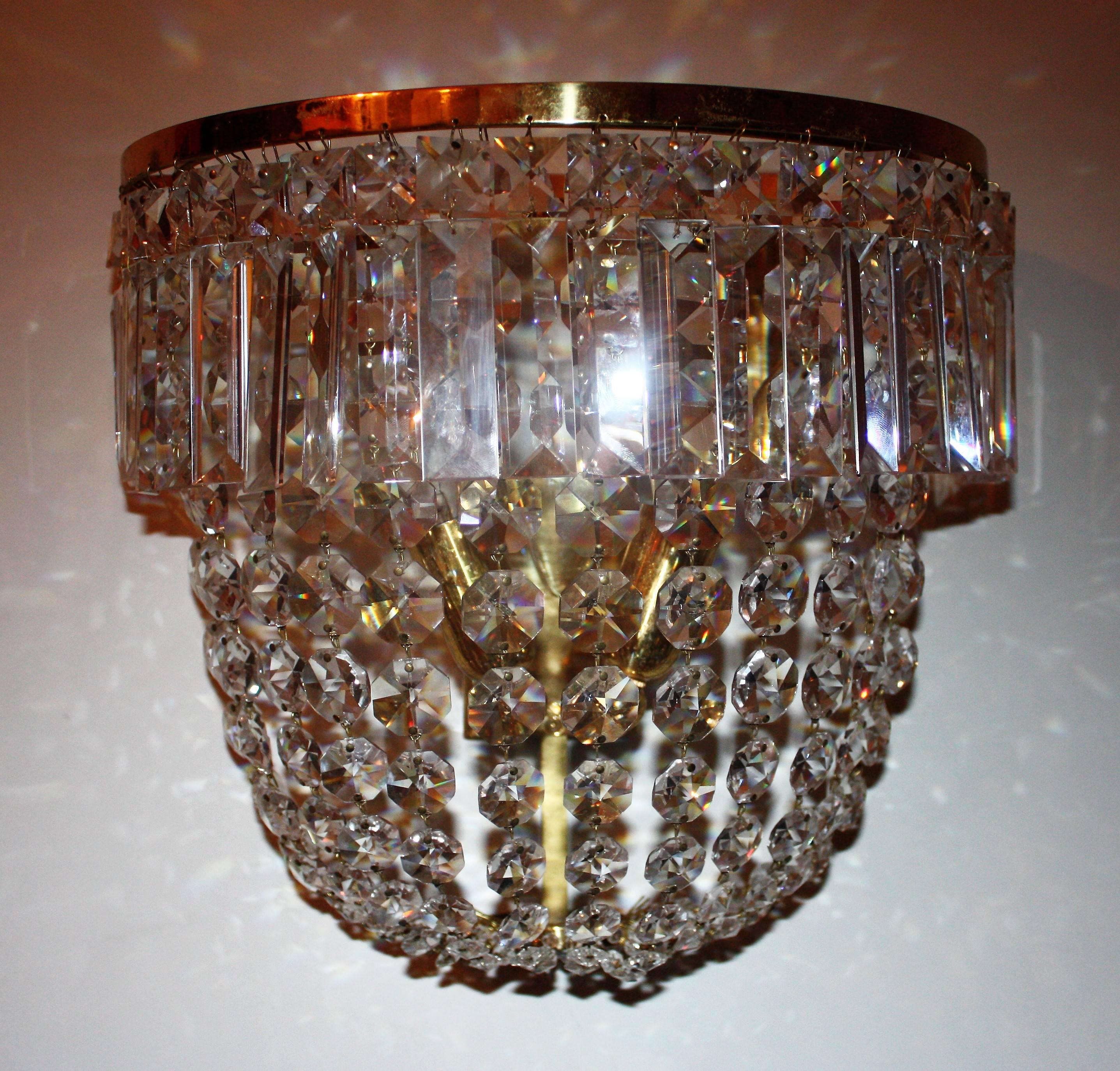 Mid-20th Century Pair of Grand Wall Sconces by Ch. Palme, Germany, 1960s, Cut Crystal and Brass