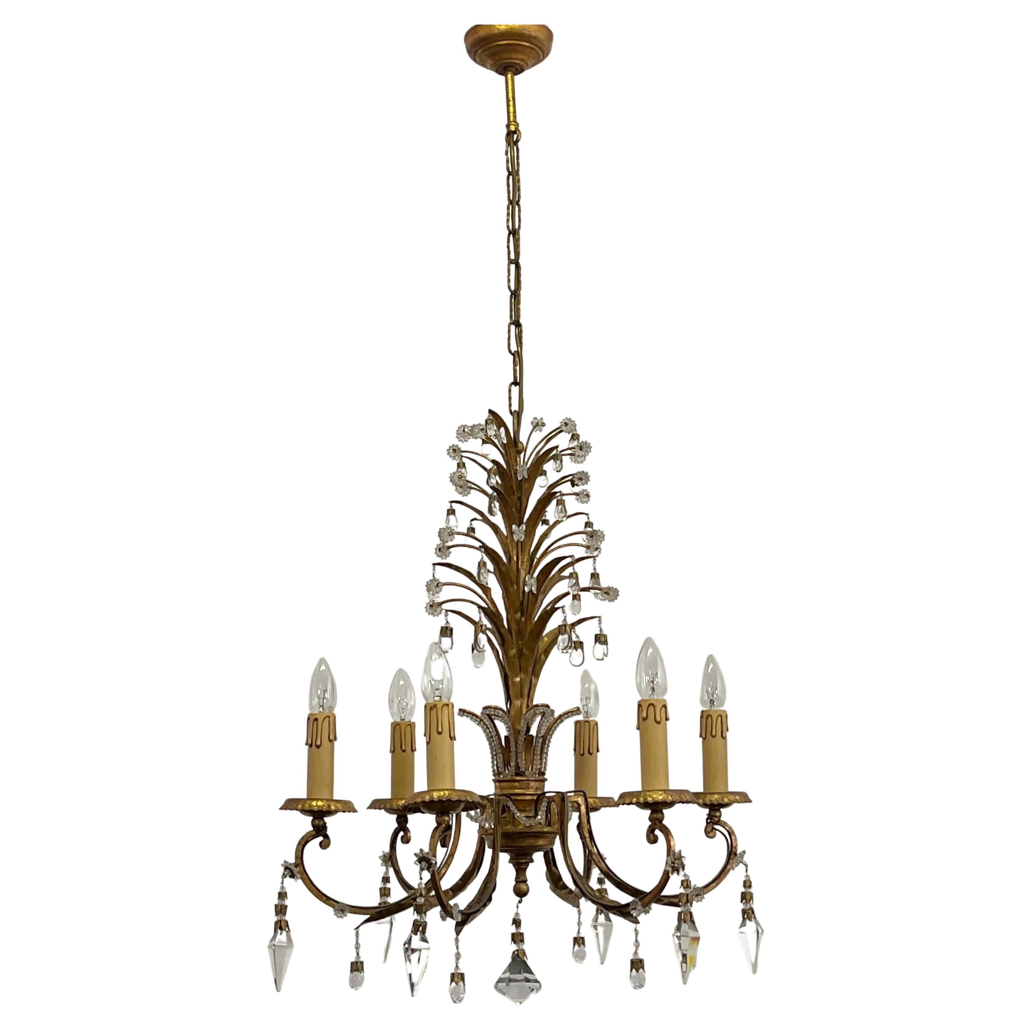 Italian Gilt Iron and Lead Crystal Chandelier by G.Banci,  circa 1970s For Sale