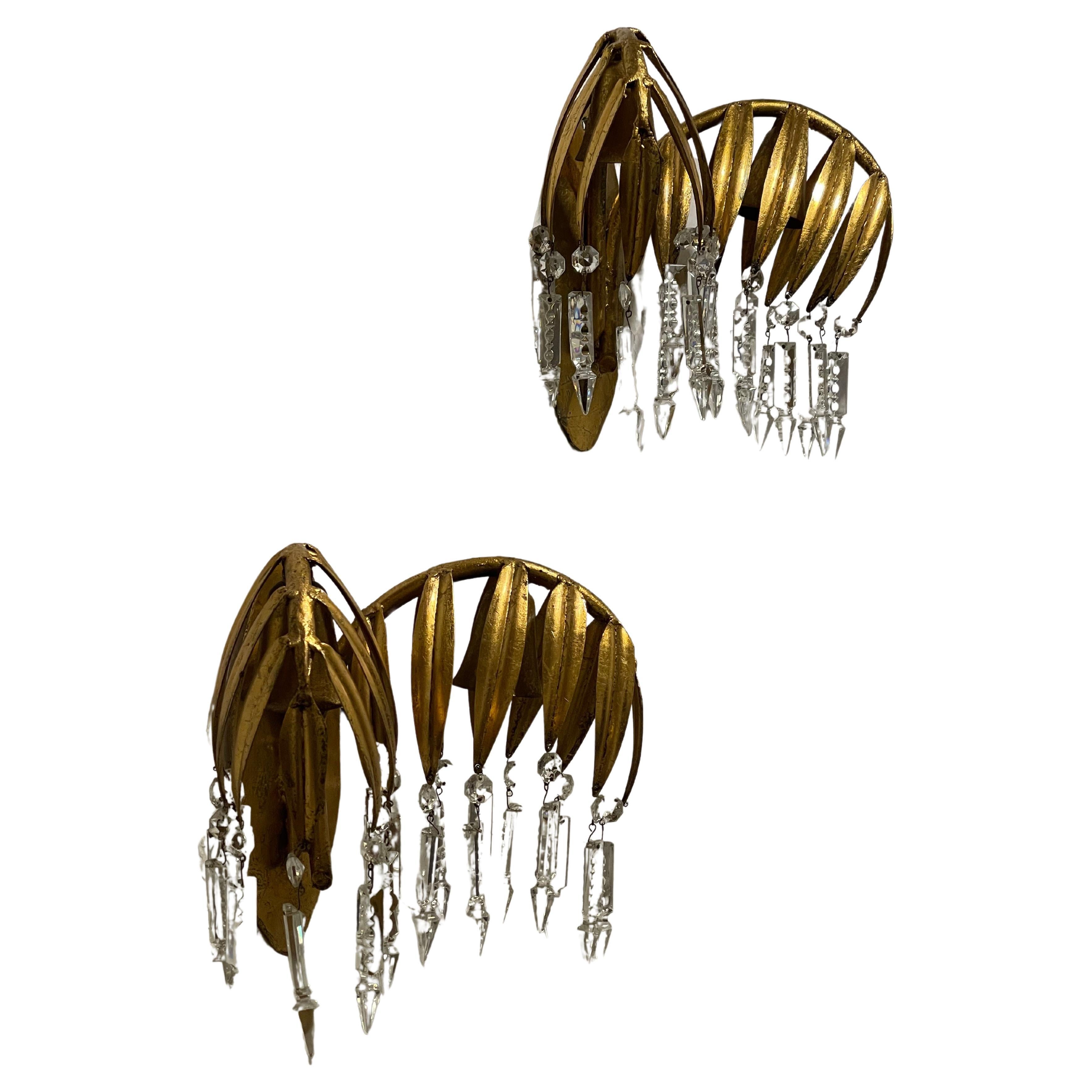 Pair of Gilt Iron Palm Tree Wall Sconces by Hans Kögl, ca. 1970s For Sale
