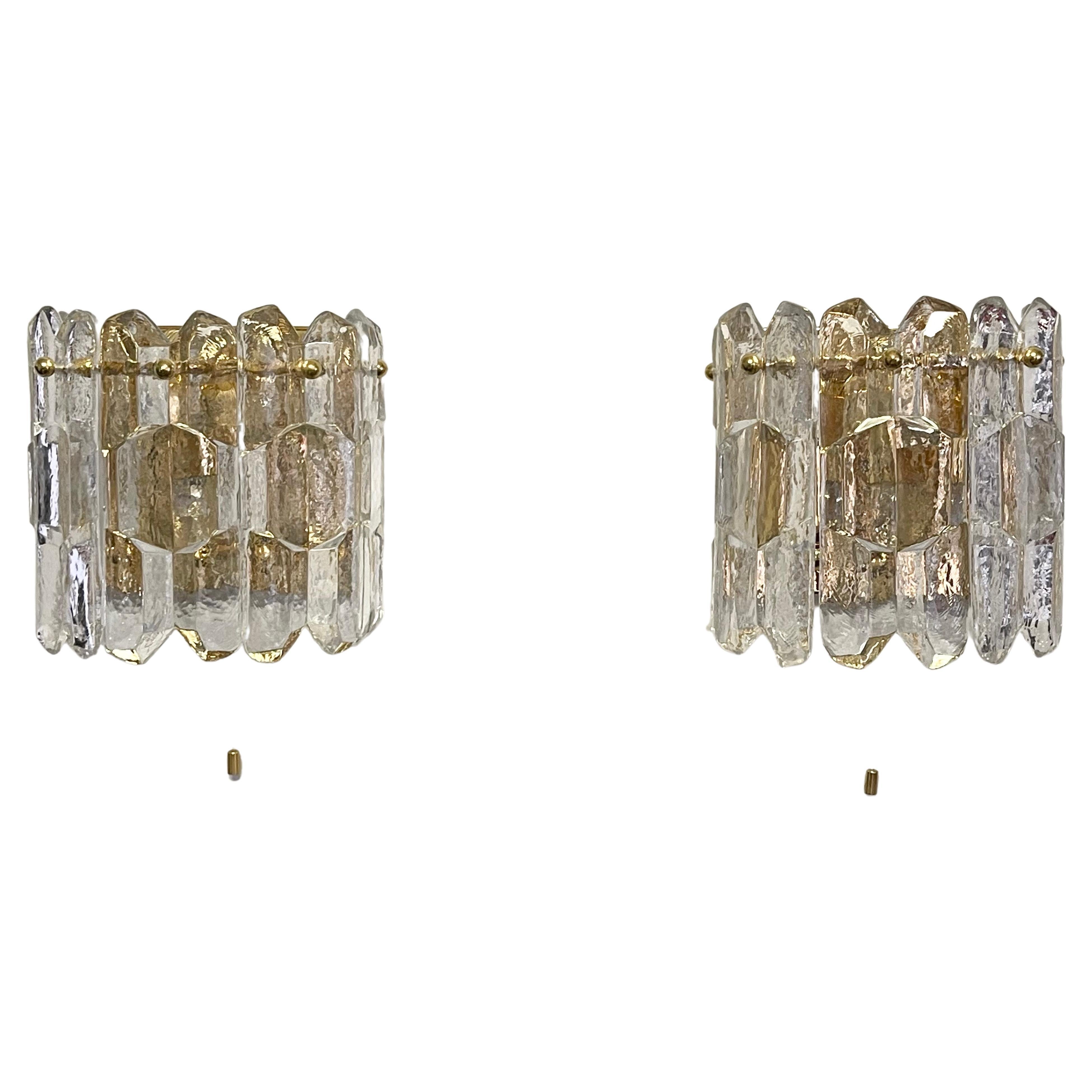 Pair of large gilt brass and Murano glass wall sconces by J.T. Kalmar, Austria, Vienna, 1960s.
Socket: Each 3 x e14 (for standard screw bulbs).
 