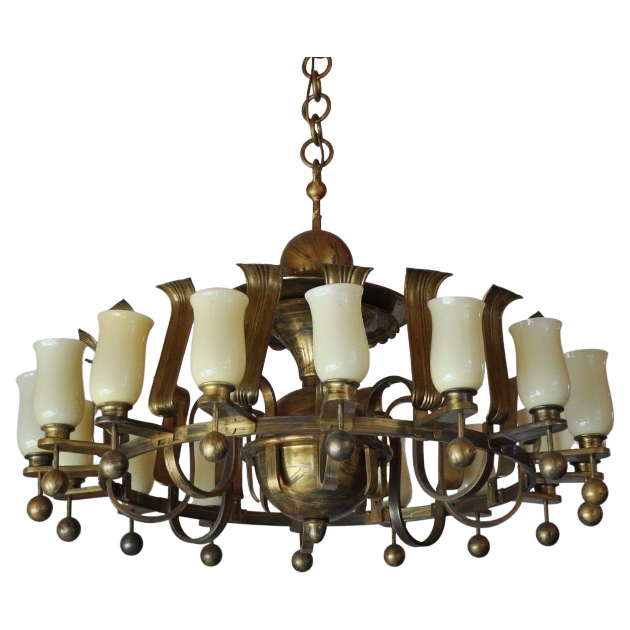 Mid-20th Century Huge German Art Deco Solid Brass and Opal Glass Chandelier, 1930s
