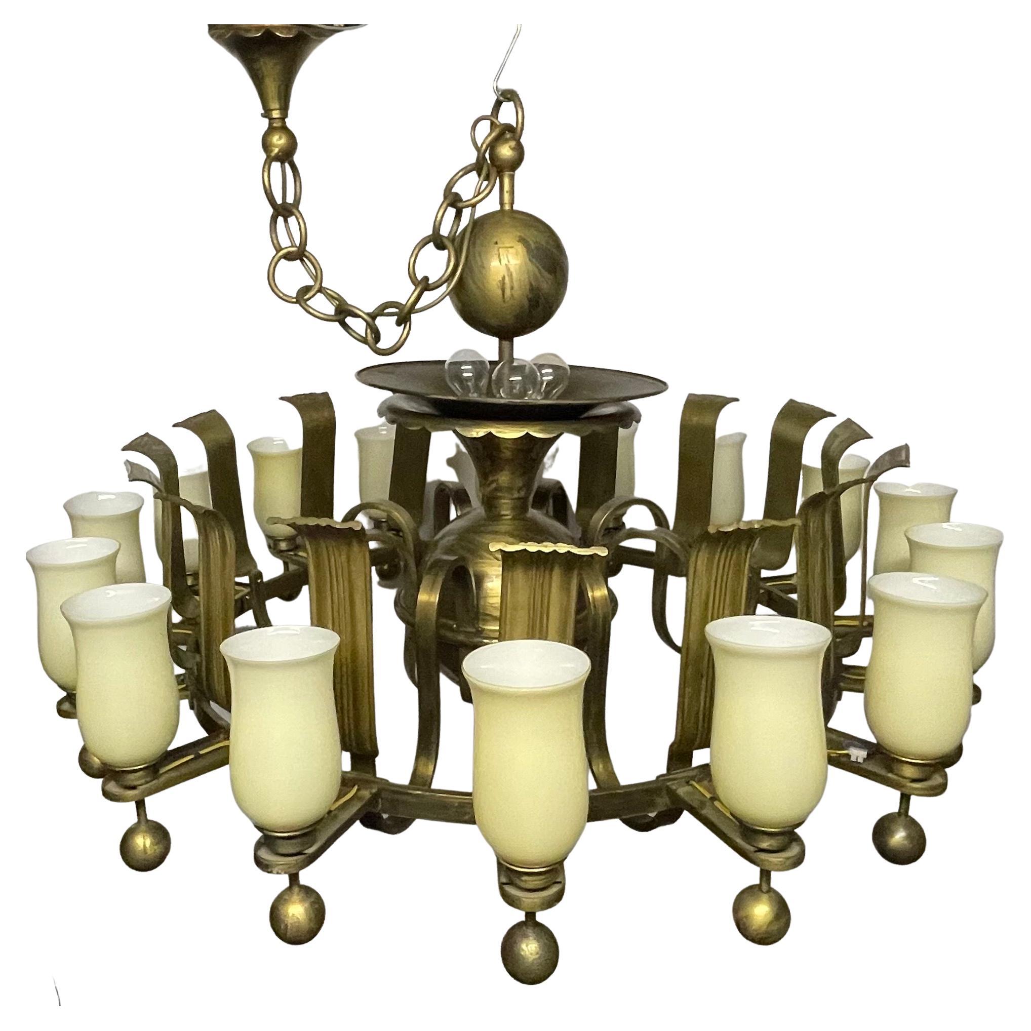 A huge Art Deco German solid brass and opal glass sixteen-light chandelier, 1930s.
Socket: 16 x e27 or E26 ( also for US standards).
 