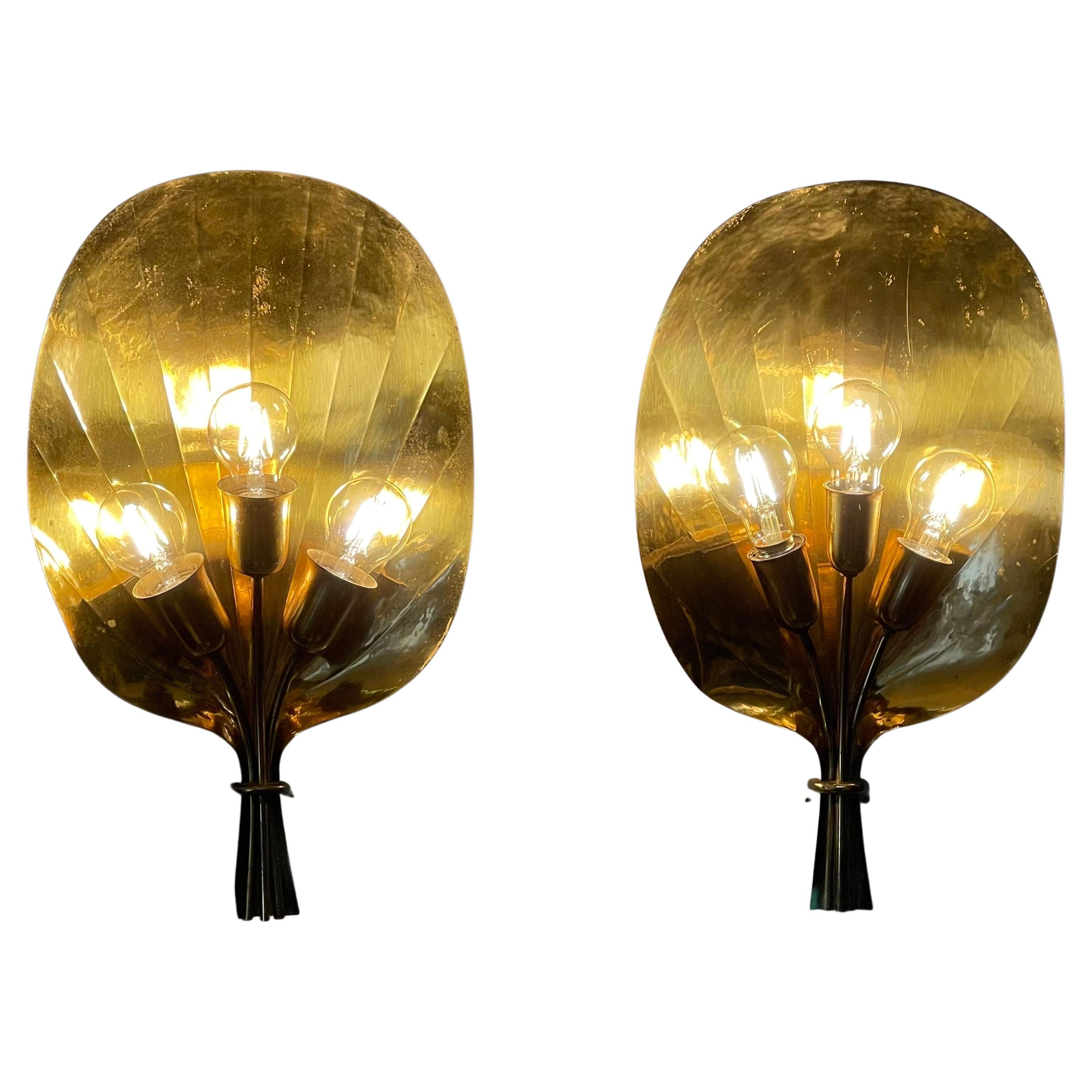 Pair of Scandinavian  Polished Brass Fan Sconces, circa 1950s