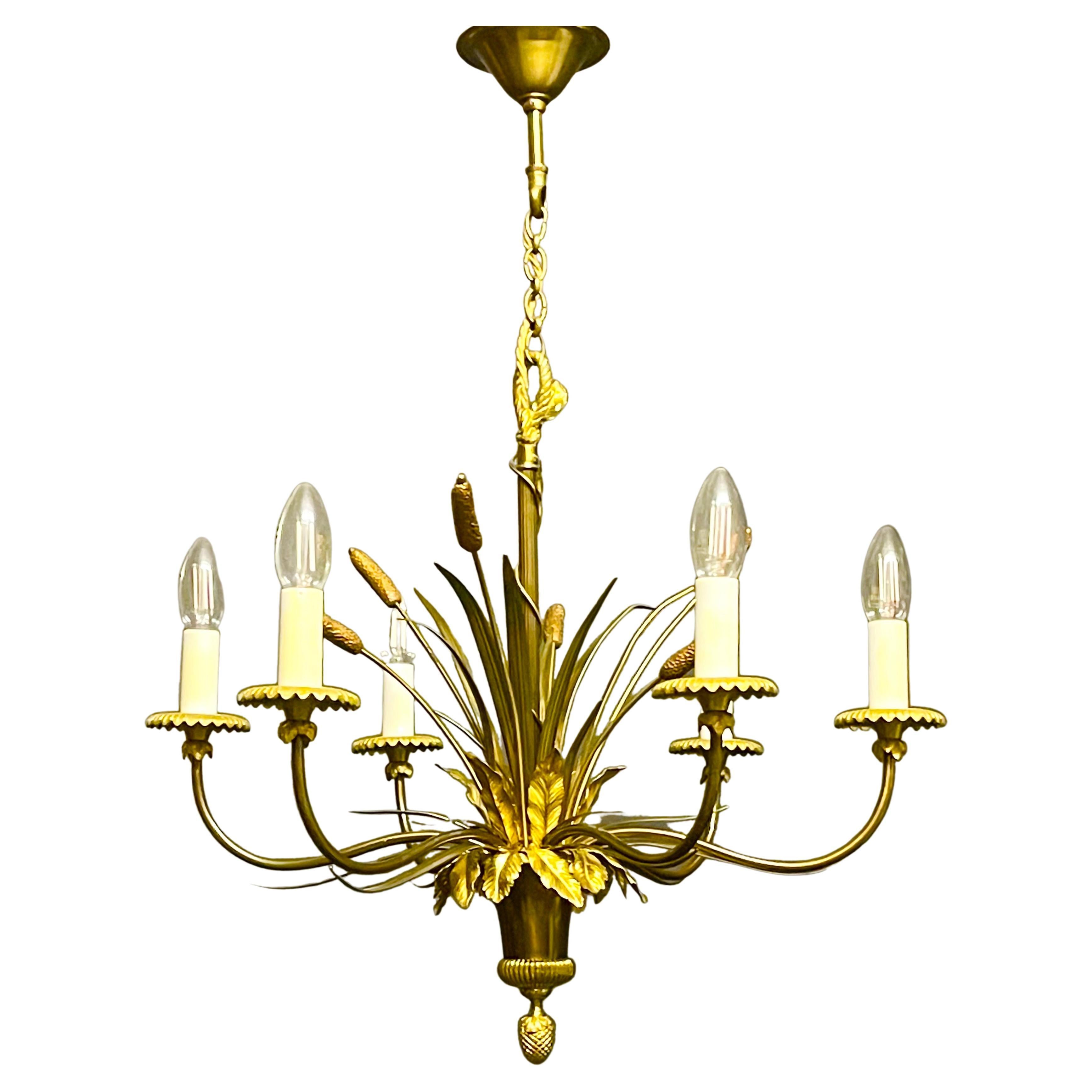 Bronze "Cattails" Chandelier by Maison Charles, France, 1970s