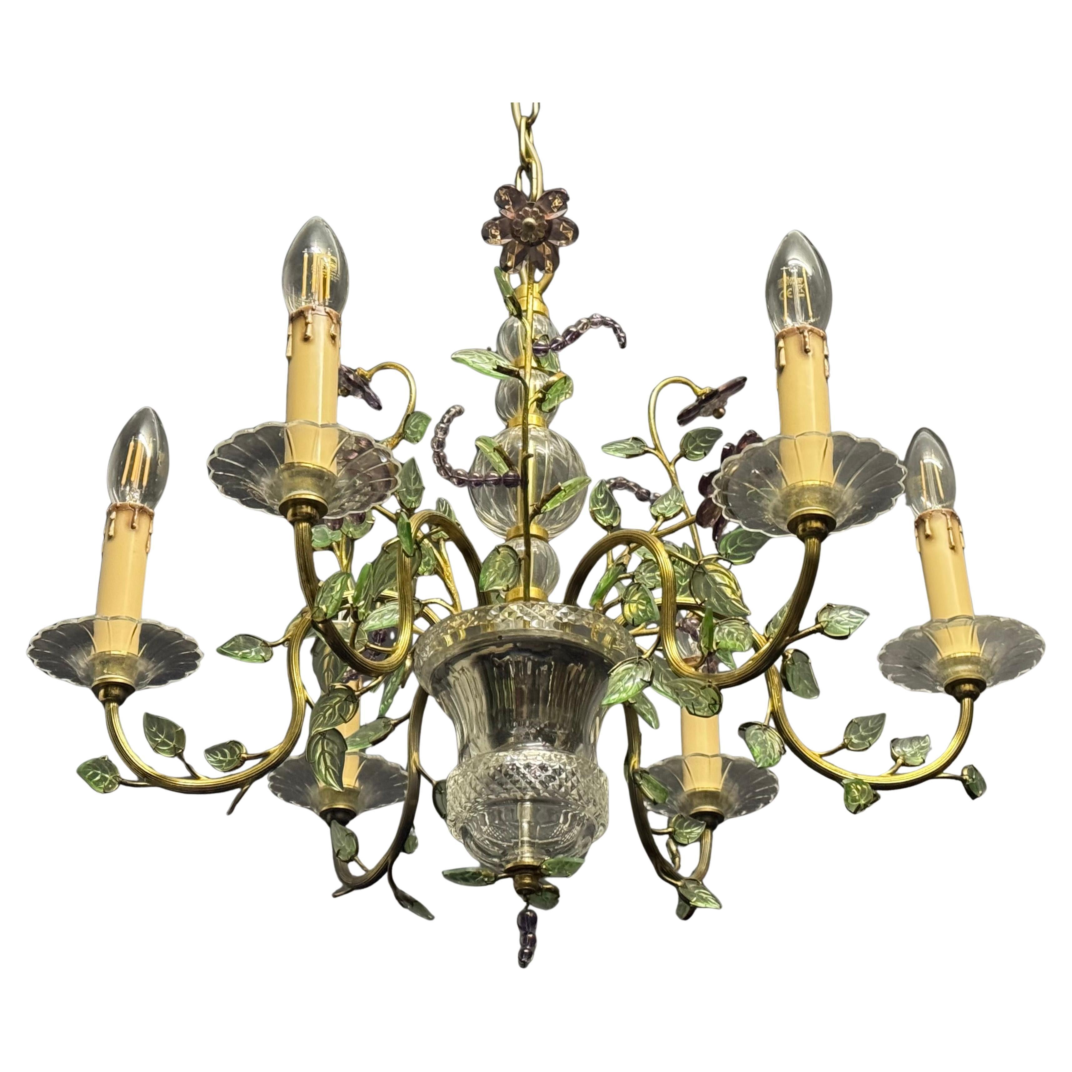 Amethyst Glass Leaves Chandelier in the Style of Maison Baguès, 1950s